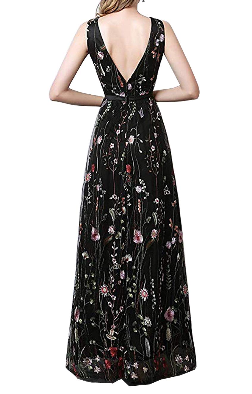 Honeydress Women's Embroidered Long Sleeve Maxi Dress - Size 14, Black - Elegant Boho Floral Dress for Wedding, Party & Special Occasions