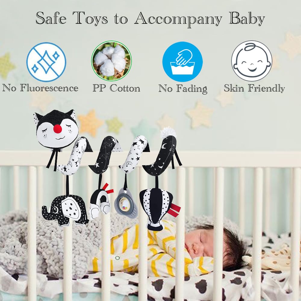High Contrast Black and White Baby Toys for Infants 0-12 Months - Musical Fox Car Seat & Stroller Toys for Newborns | Perfect for Sensory Development & Travel Entertainment