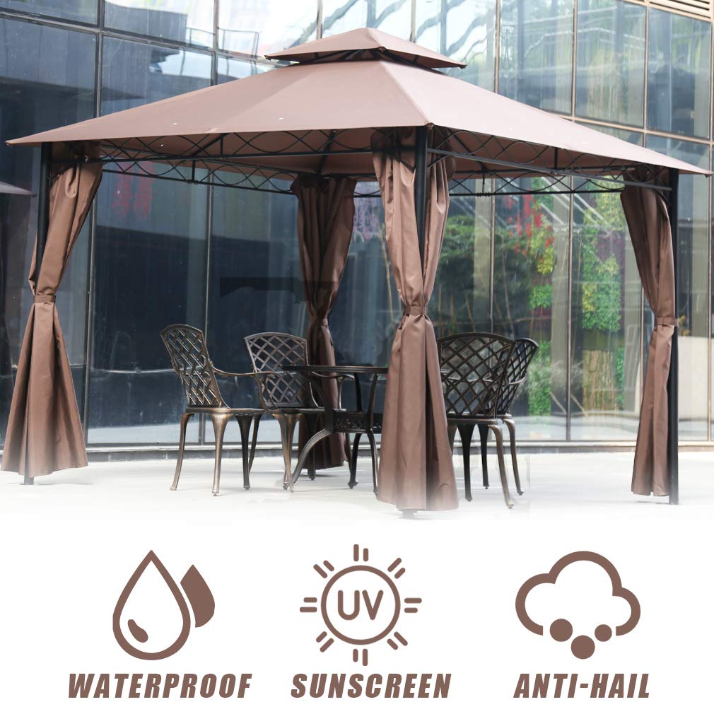 10' x 10' Outdoor Patio Gazebo Tent with Sidewalls - Waterproof Canopy for Backyard, Garden, Camping & Picnic Shelter - Brown