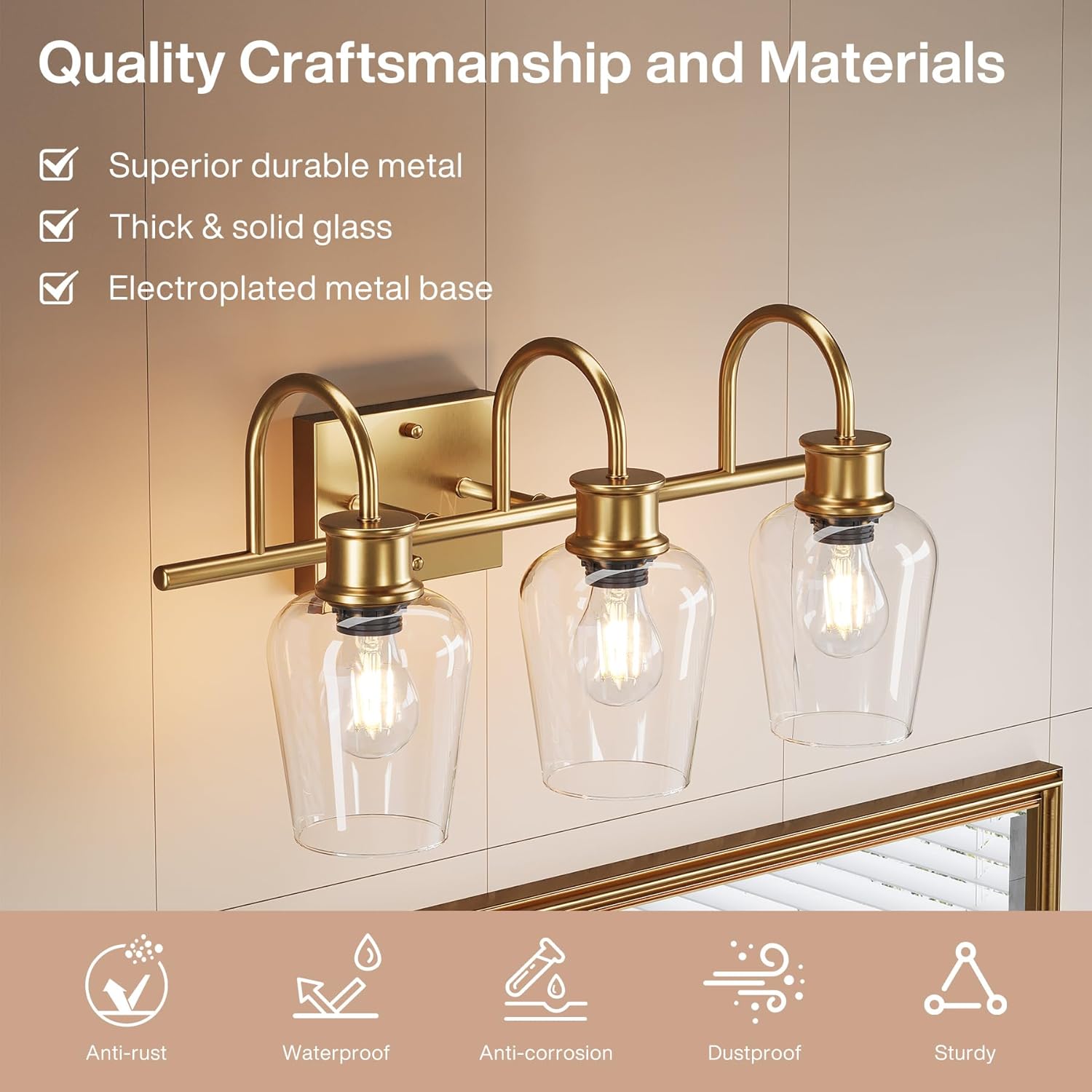 3-Light Vanity Light Fixture with Clear Glass Shade - Modern Bathroom Lighting for Mirror, Makeup Area & Dressing Room