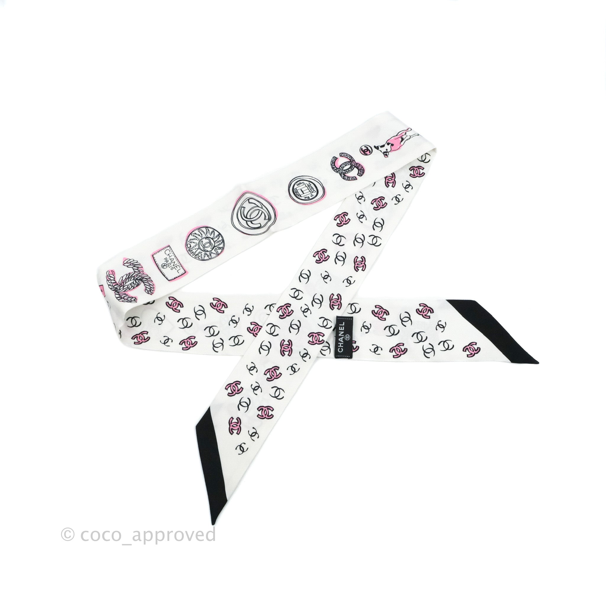 Chanel CC Silk Twilly Scarf - Black & White Luxury Fashion Accessory for Women | Perfect for Handbags, Hats & Gift Giving