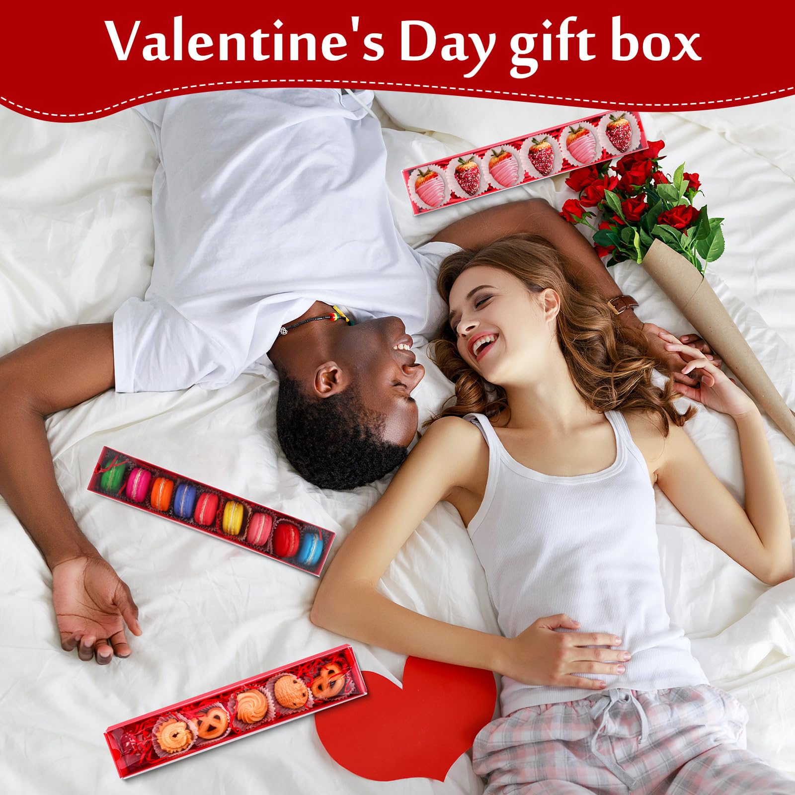 ChloeMy 40-Piece Valentine's Day Chocolate Strawberry Gift Box Set with Clear Window - 250 Disposable Paper Food Trays, 4 Raffia Bakery Macaron Boxes, 12x2.2x2 Inch Red Serving Trays - Perfect for Romantic Gifts, Dessert Displays & Party Catering