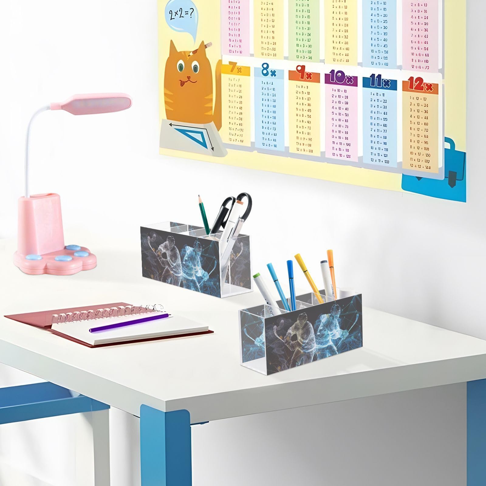 Abstract Hockey Player Acrylic Pen Holder - 4 Compartment Desk Organizer for Pencils, Brushes & Utensils - Personalized Pattern Office & Home Decor for Sports Fans