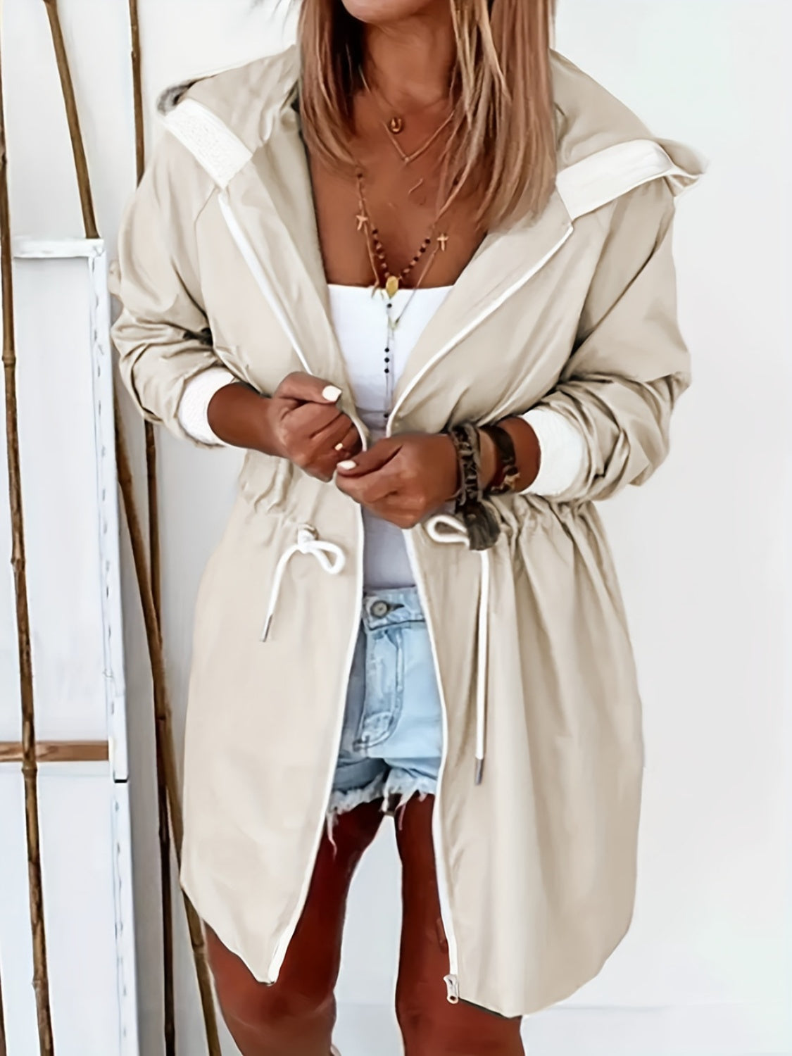 Stylish Drawstring Long Sleeve Hooded Trench Coat for Women | Waterproof Windbreaker Jacket | Perfect for Fall, Winter & Outdoor Activities