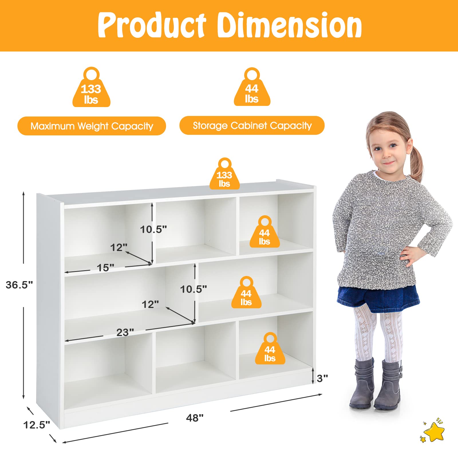 KOTEK Kids Bookshelf - 8 Cubby Toy Storage Organizer & Wooden 4-Tier Bookcase Cabinet | Open Display Shelf for Nursery, Playroom, School, Living Room & Bedroom | Perfect for Organizing Toys, Books & Decor (White, 8 Cubes)