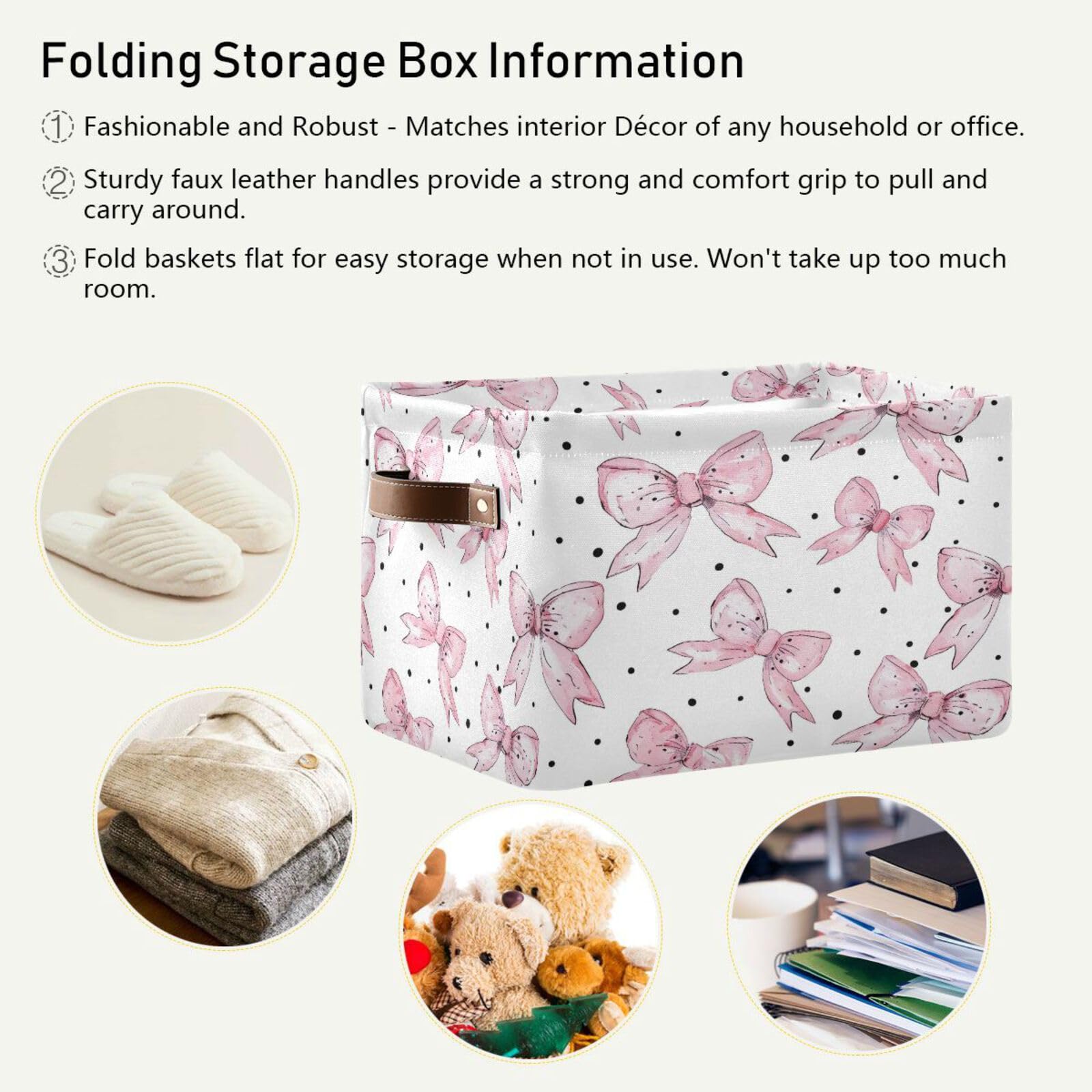 Cartoon Bow Large Square Storage Basket Bin with Handles 2PCS, Foldable Multi-Functional Closet Organizer for Toys, Books, Clothes - Perfect for Kids Room, Nursery, and Home Organization