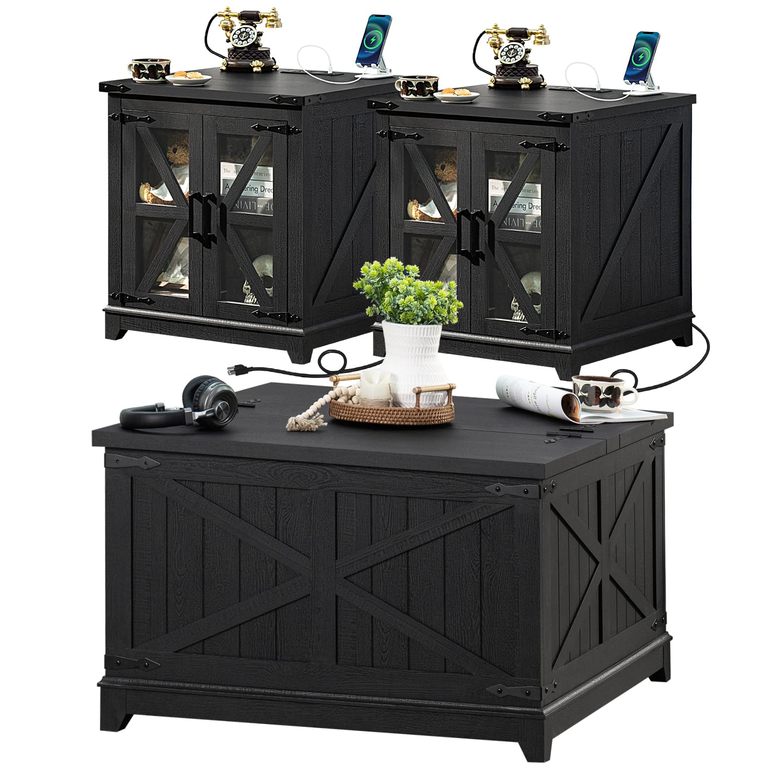 3-Piece Farmhouse Coffee Table Set with Charging Station & Hidden Storage - Large End/Side Tables & Coffee Table - Black Wood Living Room Furniture for Home, Office & Family Gatherings
