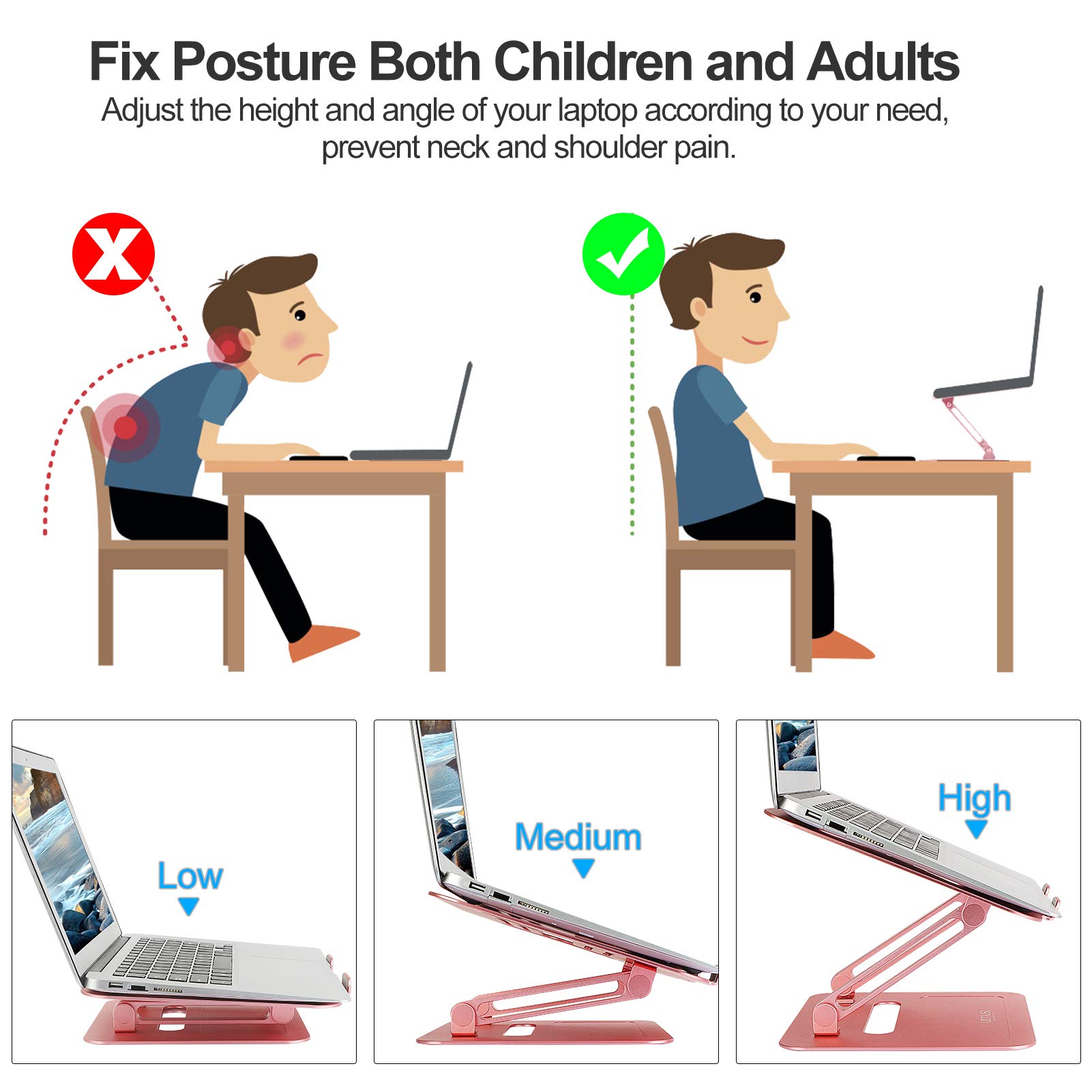 Urmust Adjustable Aluminum Laptop Stand for Desk - Rose Gold Laptop Riser Holder Compatible with MacBook Air Pro, Ultrabooks & All 11-17 Inch Laptops, Perfect for Home Office, Gaming & Study