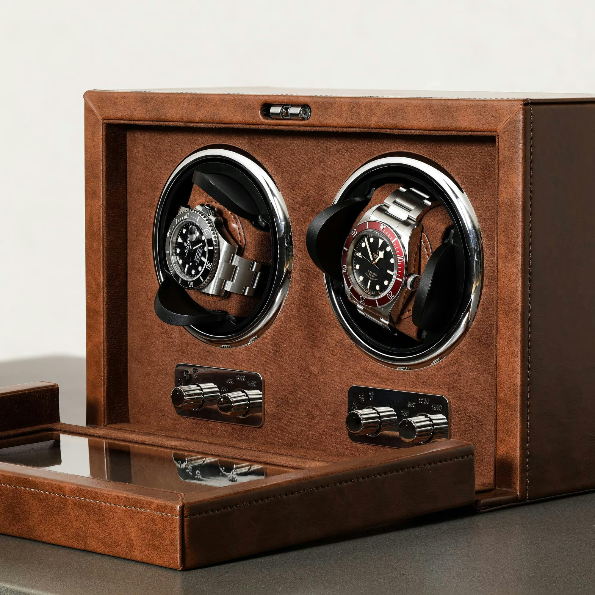 ROTHWELL Double Automatic Watch Winder - Quiet Motor, Multiple Speed & Rotation Settings (Tan/Brown) - Perfect for Watch Collectors & Luxury Timepiece Storage