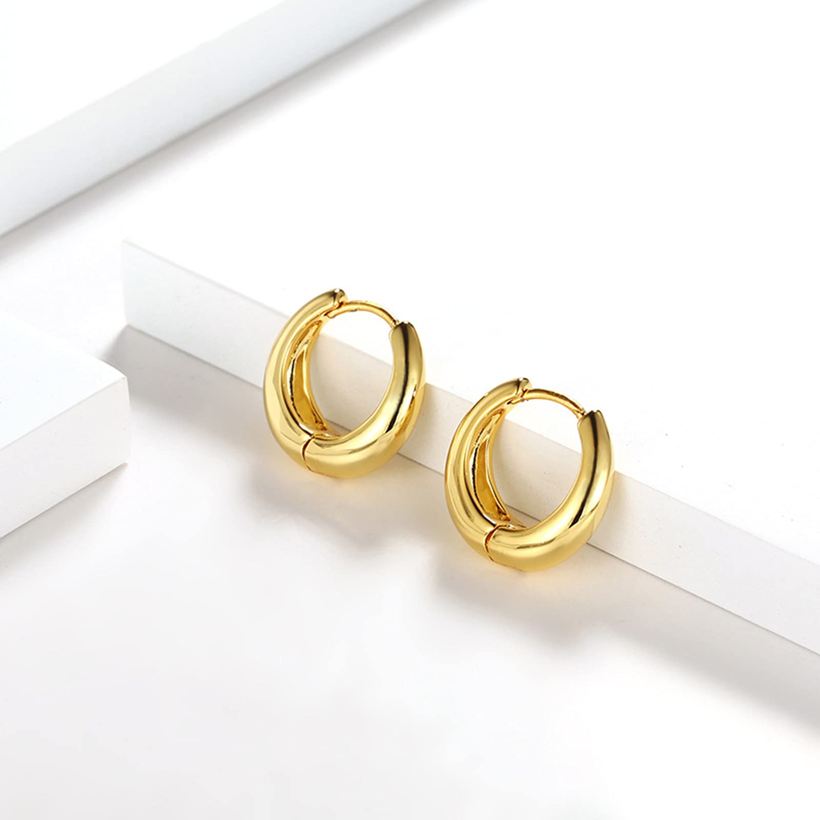2 Pairs 14k Gold Filled Huggie Hoop Earrings - Tiny Hypoallergenic Cartilage Earrings for Women & Men - Minimalist Chunky Sleeper Cuff Earrings Set for Everyday Wear & Gifting