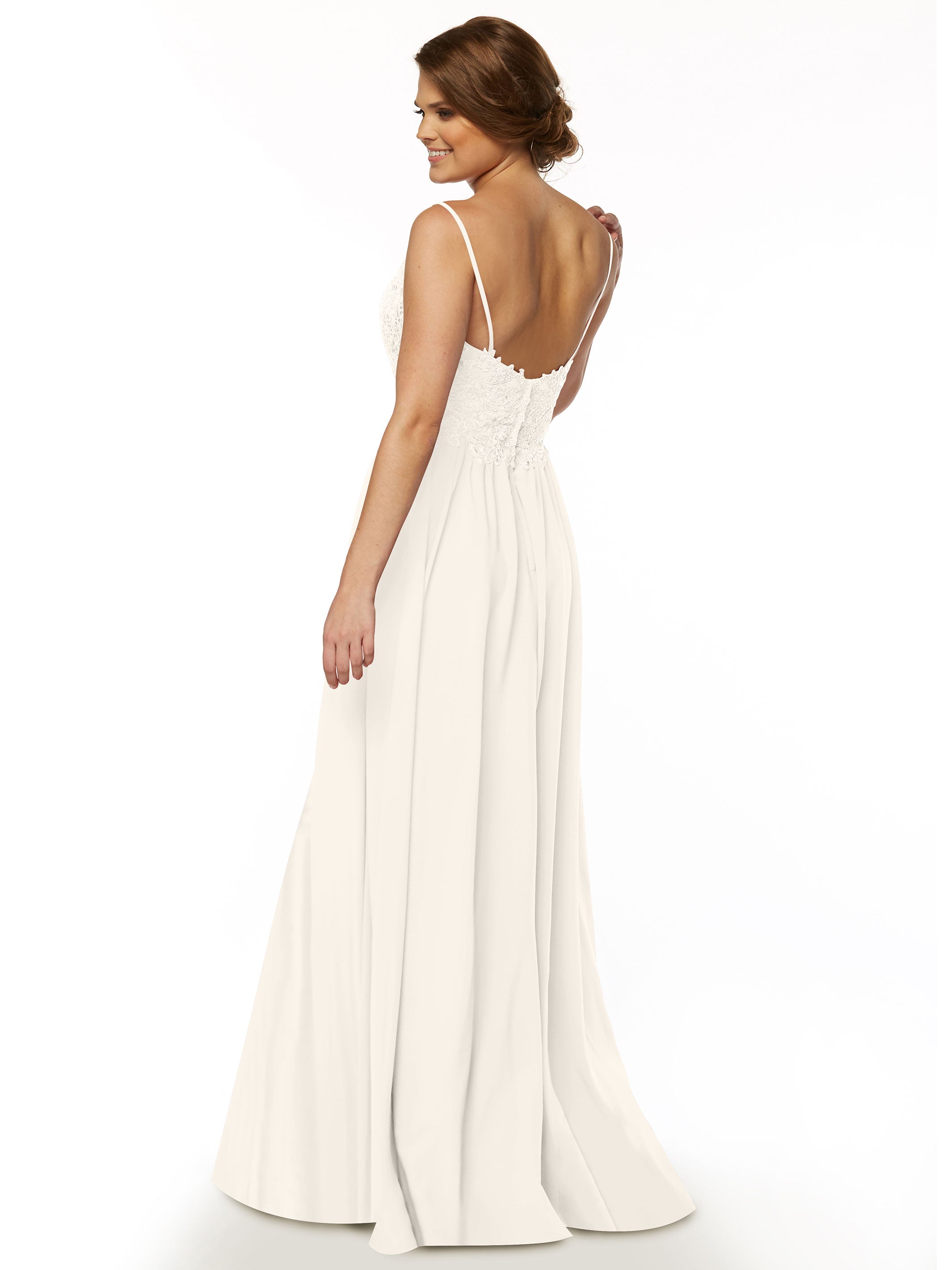 Elegant A-Line Stretch Chiffon Bridesmaid Dress with Lace Bodice & High Slit - Perfect for Weddings, Proms & Formal Events