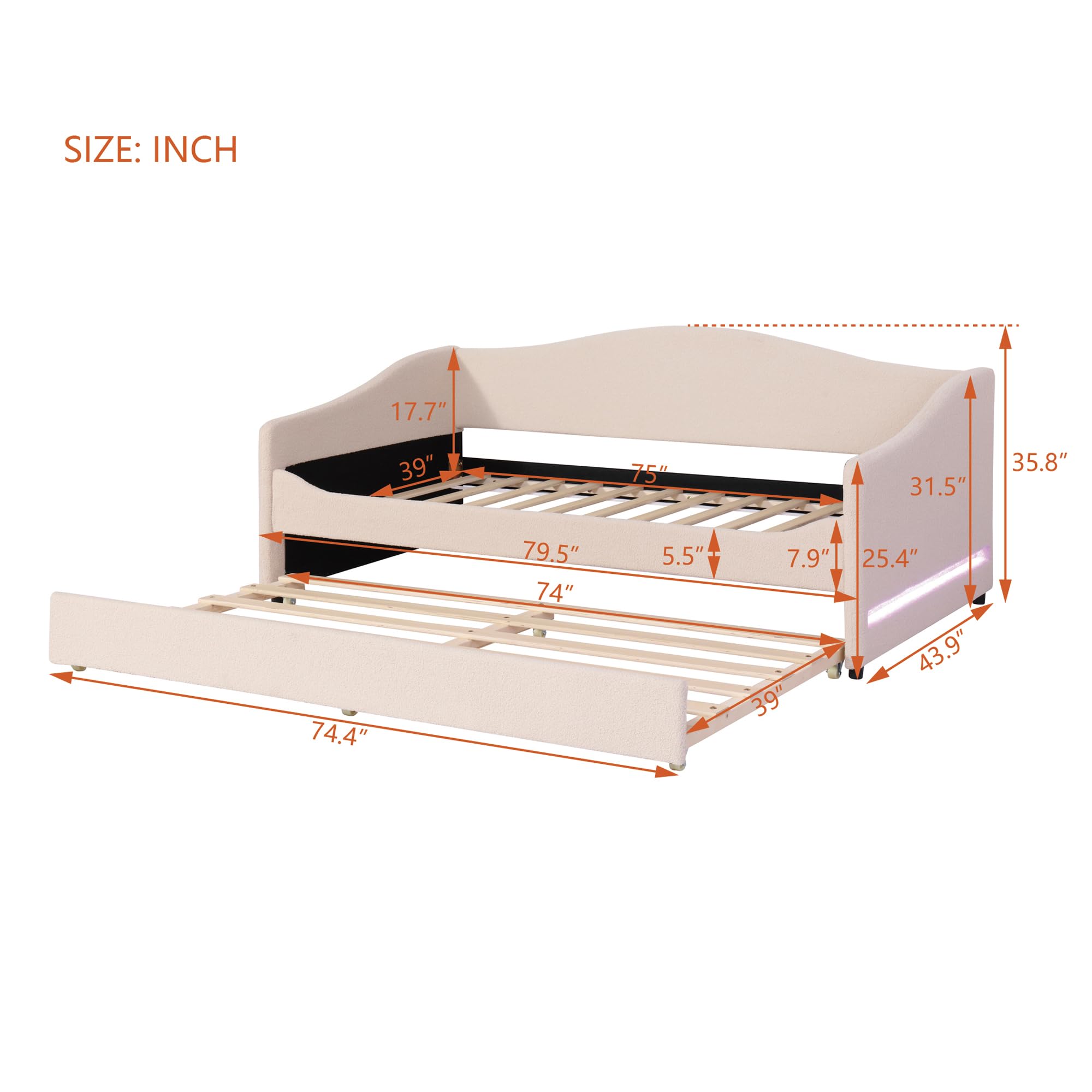 MERITLINE Twin Size Upholstered Daybed with Trundle and LED Lights - Teddy Fleece Sofa Bed Frame with Wooden Trundle - Convertible Sleeper for Bedroom, Living Room, Guest Room - Beige Modern Furniture for Small Spaces & Sleepovers