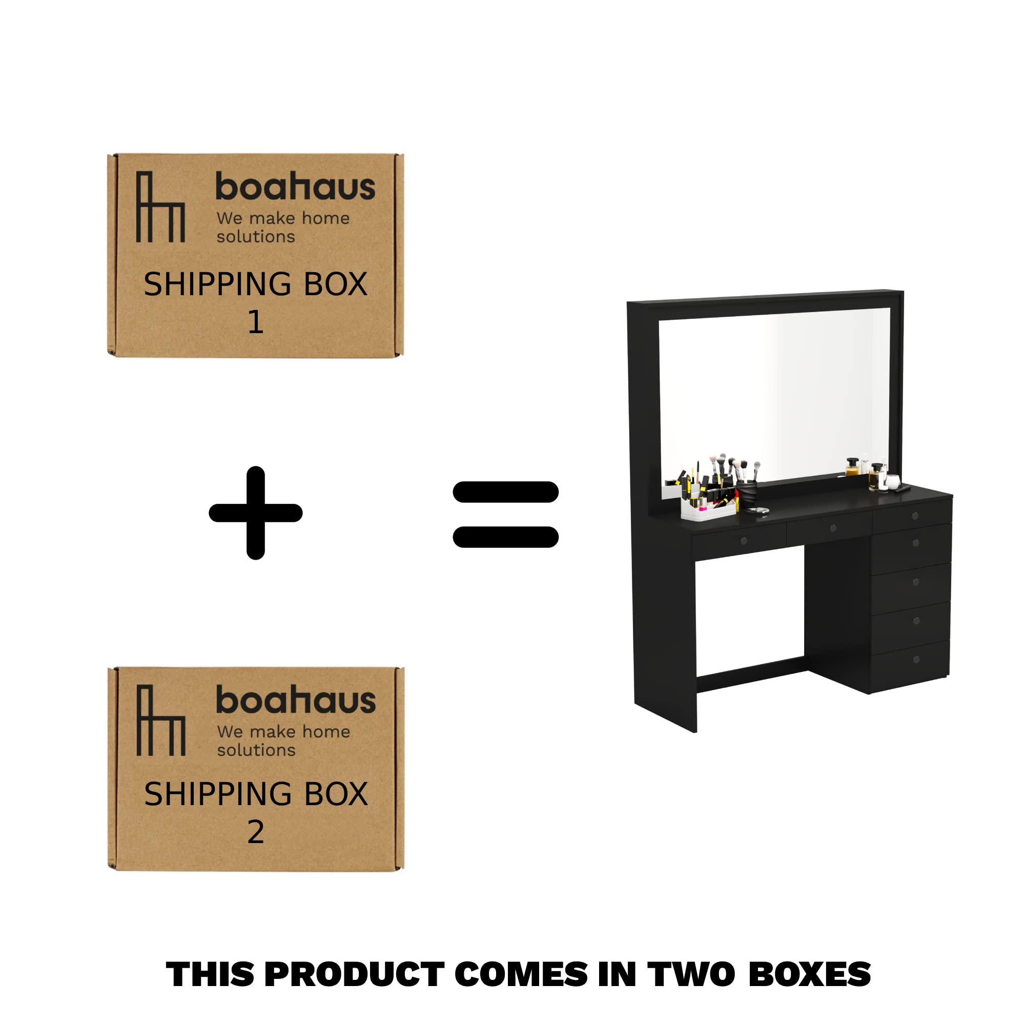 Boahaus Joan 7-Drawer Makeup Vanity Desk with Hollywood Mirror, Black Painted Dressing Table for Bedroom - Perfect for Makeup Organization & Beauty Routine