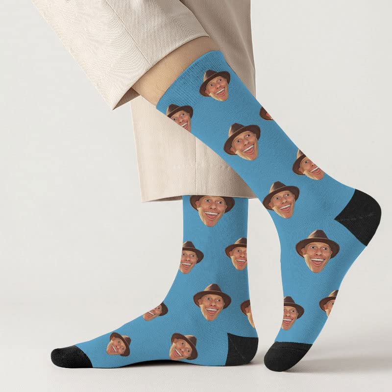 Custom Photo Printed Socks for Men & Women - Personalized Novelty Face Socks (Light Blue, Large) | Perfect Gift for Birthdays, Christmas & Couples Matching