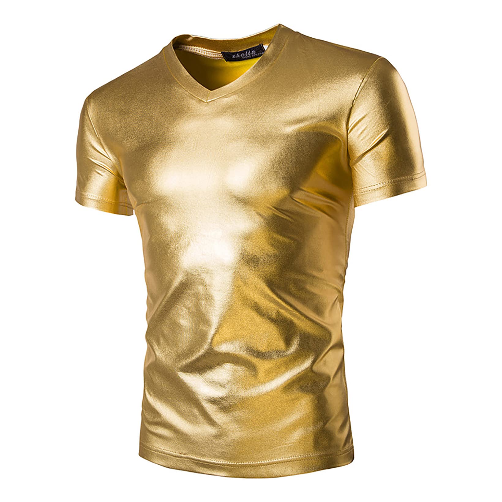 Shiny Wet Look Slim Fit V-Neck T-Shirt for Men - Short Sleeve Party Club Blouse Top | Perfect for Nightlife, Clubbing, and Special Occasions