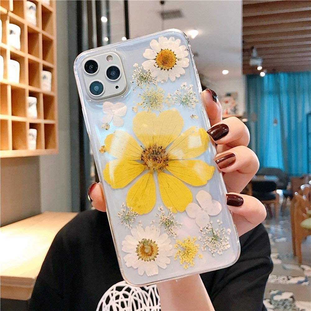 DOMIDO iPhone 13 Pro Case with Real Pressed Dried Chrysanthemum Flowers - Ultra Thin Lightweight Soft Silicone Transparent Cover for iPhone 13 Pro (Yellow) - Perfect for Nature Lovers, Gift Giving & Everyday Protection