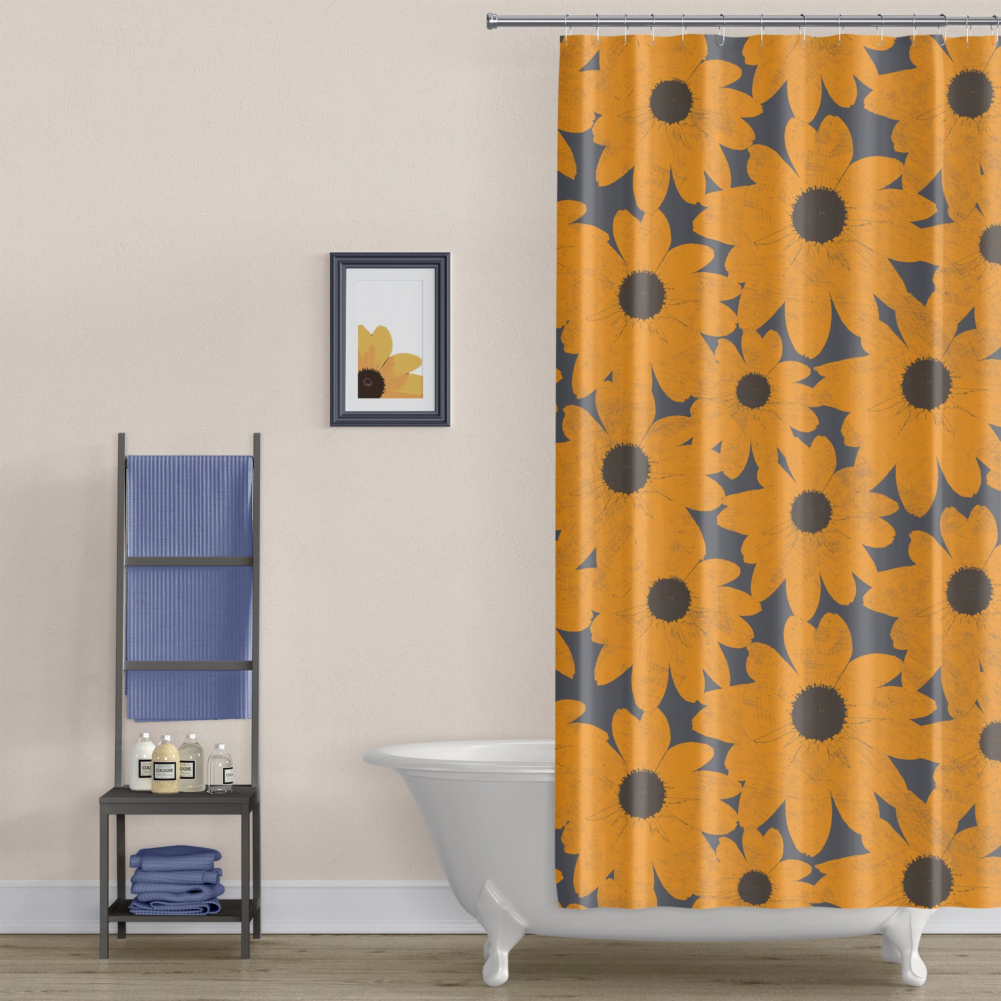 Yellow Flower Black Eyed Susan Print Shower Curtain - Waterproof Bathroom Decor for Vintage Farmhouse Style