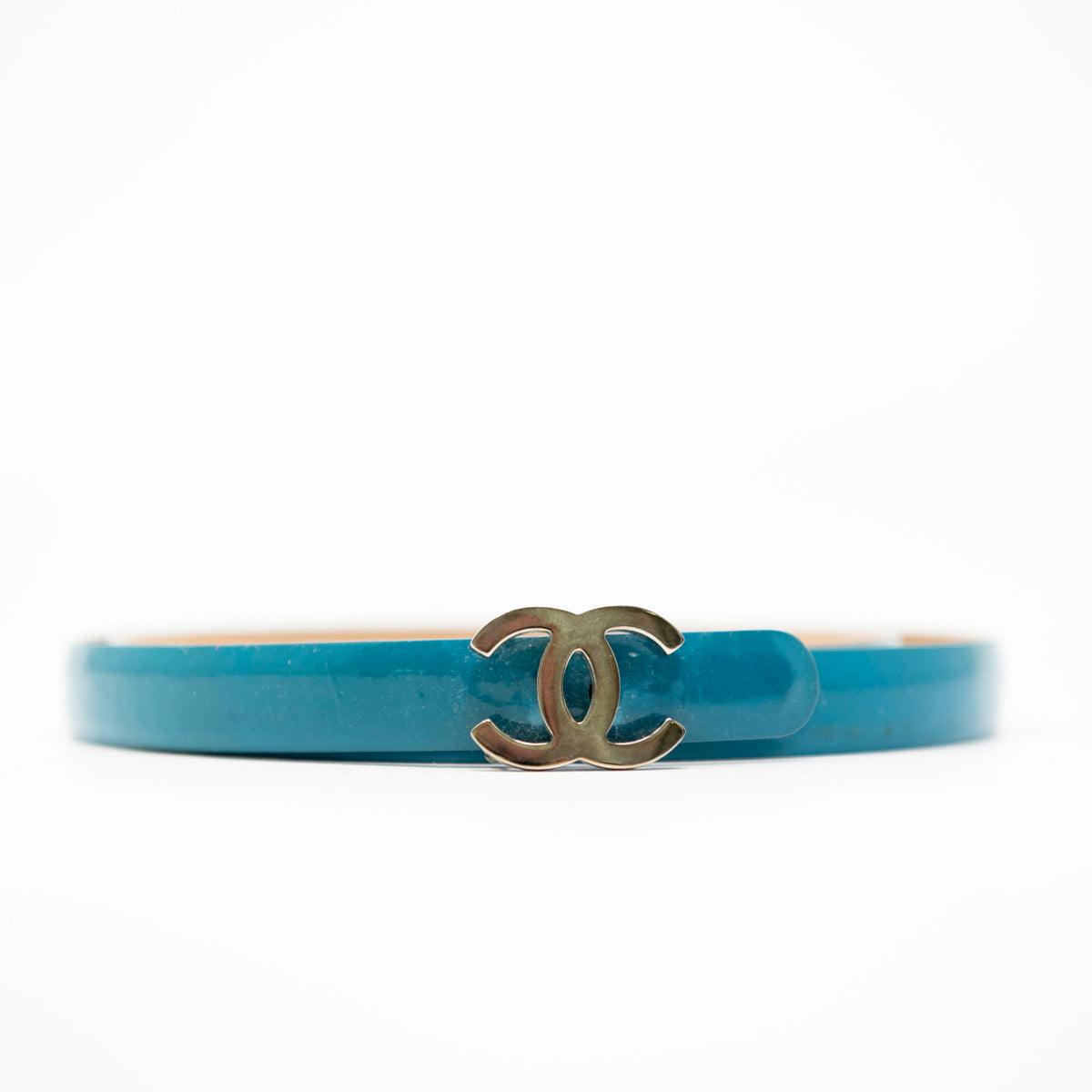 Chanel Turquoise Patent Leather CC Logo Belt for Women - Luxury Designer Fashion Accessory for Dresses, Jeans & Outfits