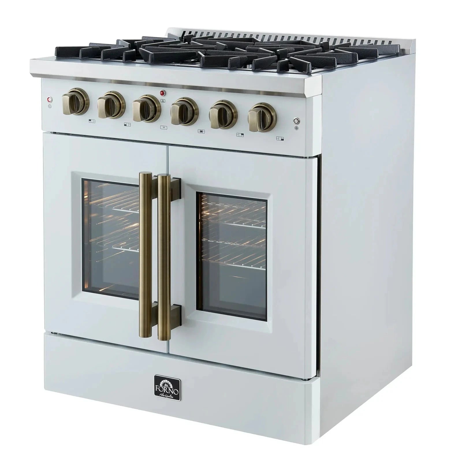 Forno Galiano 30-Inch Freestanding All Gas Range with French Doors - White Finish & Antique Brass Trim (Model FFSGS6444 30WHT) | Perfect for Modern Kitchens, Home Chefs & Gourmet Cooking