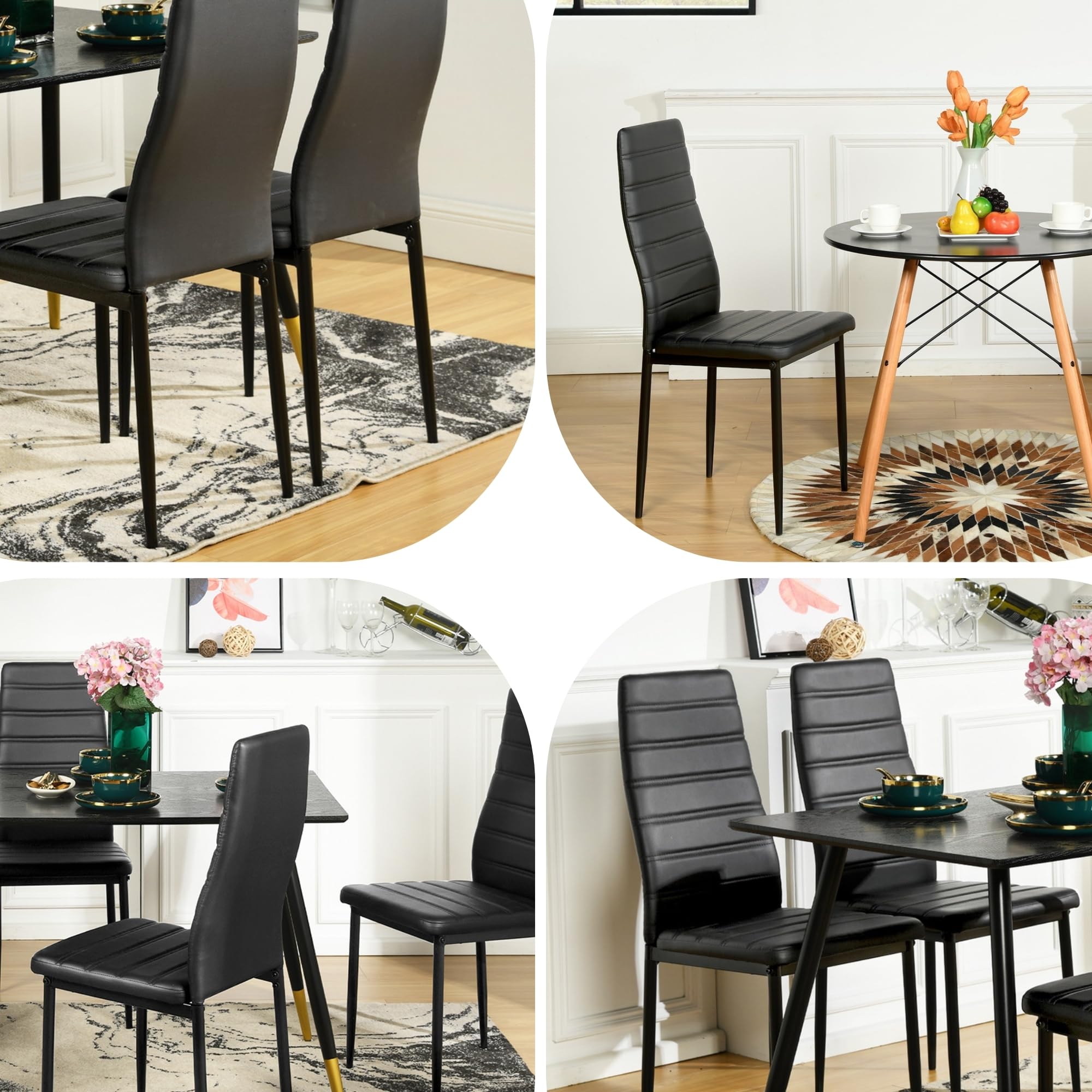 Homy Casa Set of 6 Modern Dining Chairs - Armless Upholstered Side Chairs with PVC Fabric & Sturdy Metal Legs, Comfortable Padded Kitchen Dining Room Living Room Chairs in Black - Perfect for Home, Restaurant, Cafe and Office Use