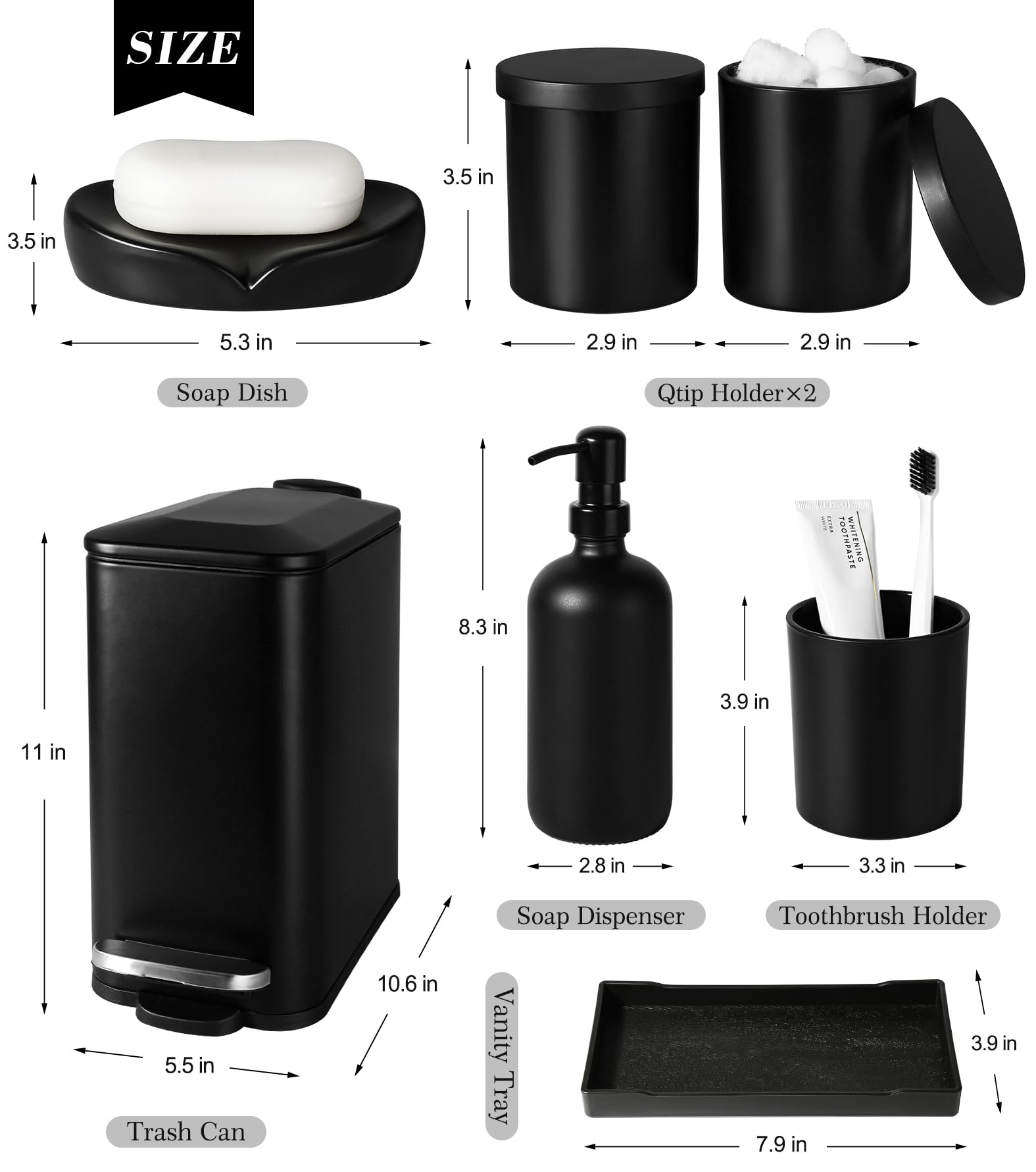 Premium 7-Piece Matte Black Bathroom Accessories Set - Includes Trash Can, Soap Dispenser, Toothbrush Holder, Soap Dish, Vanity Tray & Q-Tip Holder - Modern Bathroom Decor for Home, Hotel & Spa Use