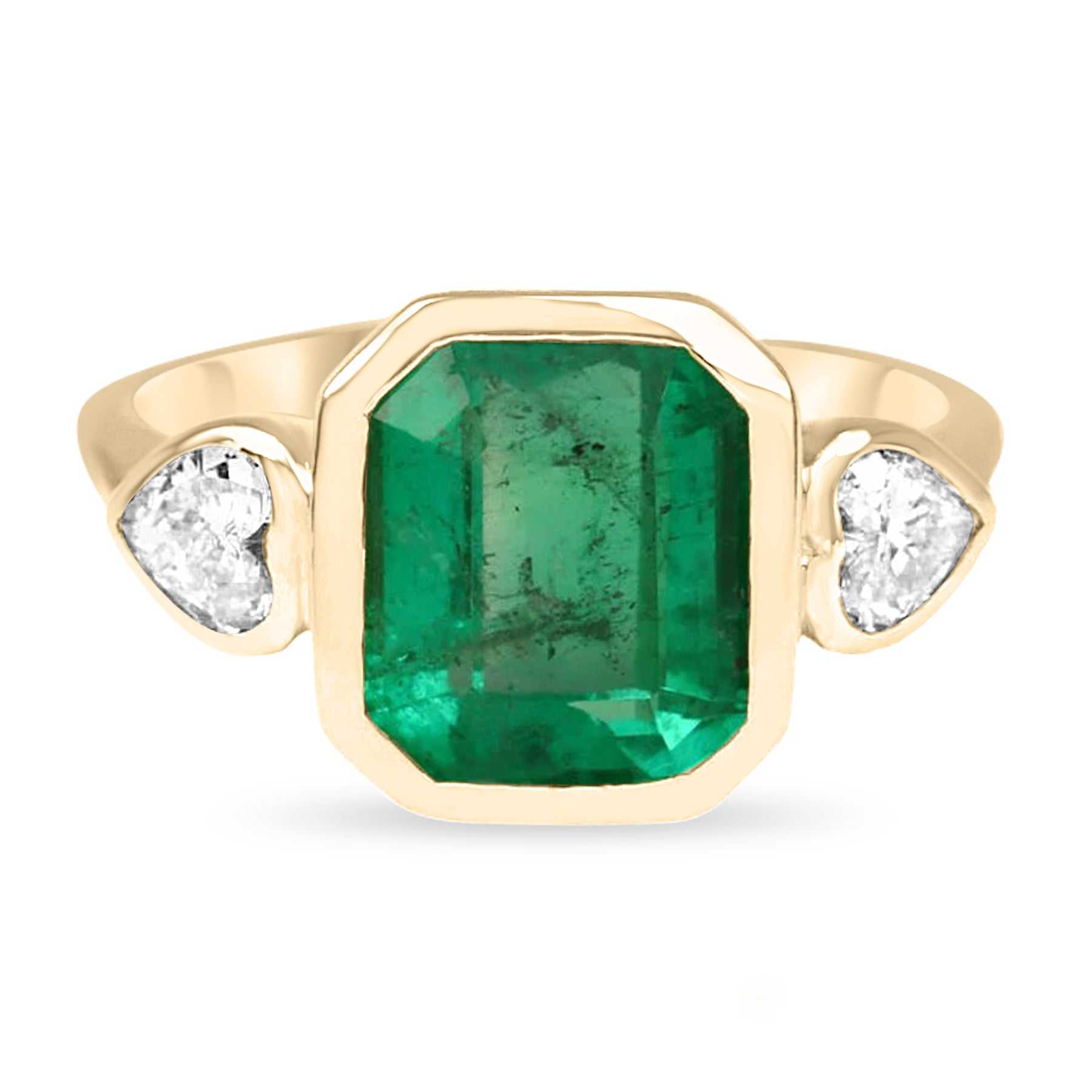 3.50tcw Natural Emerald & Heart Diamond Ring in 18K Gold - Elegant Three Stone Emerald Cut for Engagement, Wedding & Anniversary Gifts