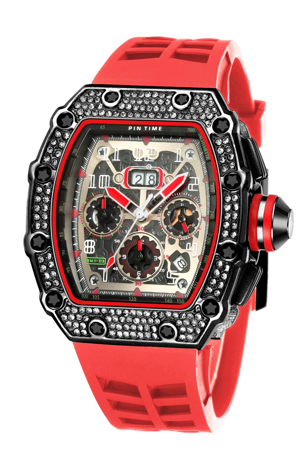 Luxury Men's Crystal Tonneau Watch - Iced Out Diamond Chronograph Skeleton Watch for Hip Hop & Rapper Style - Perfect for Parties, Gifts, and Special Occasions