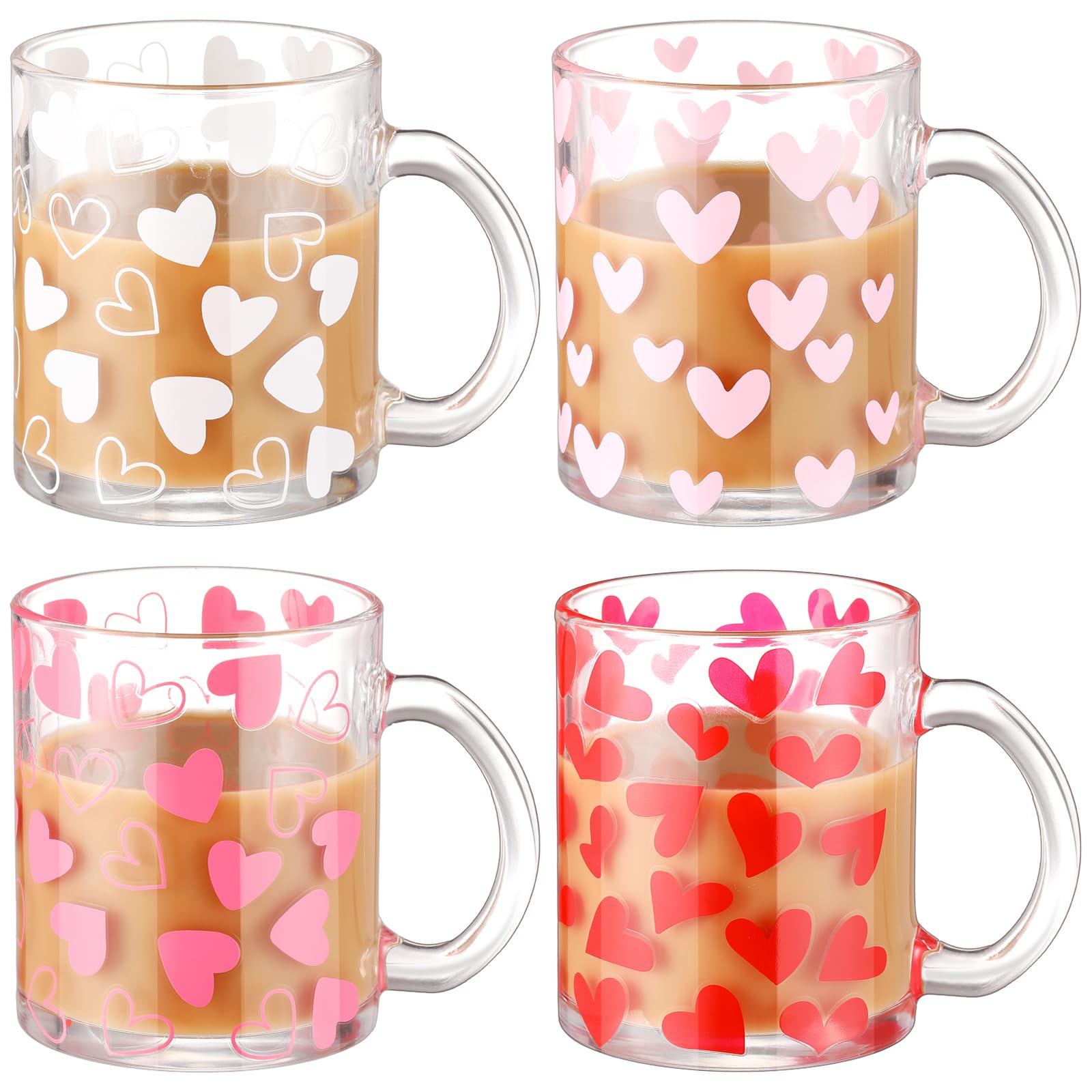 Tioncy 4-Piece Valentine's Day Coffee Mugs Set - 12 oz Heart-Shaped Glass Cups with Handle, Romantic Love Heart Coffee Mugs for Couples, Perfect Sweet Valentine's Gifts for Her/Him, Ideal for Valentine's Day Parties, Anniversaries & Romantic Breakfast in Bed