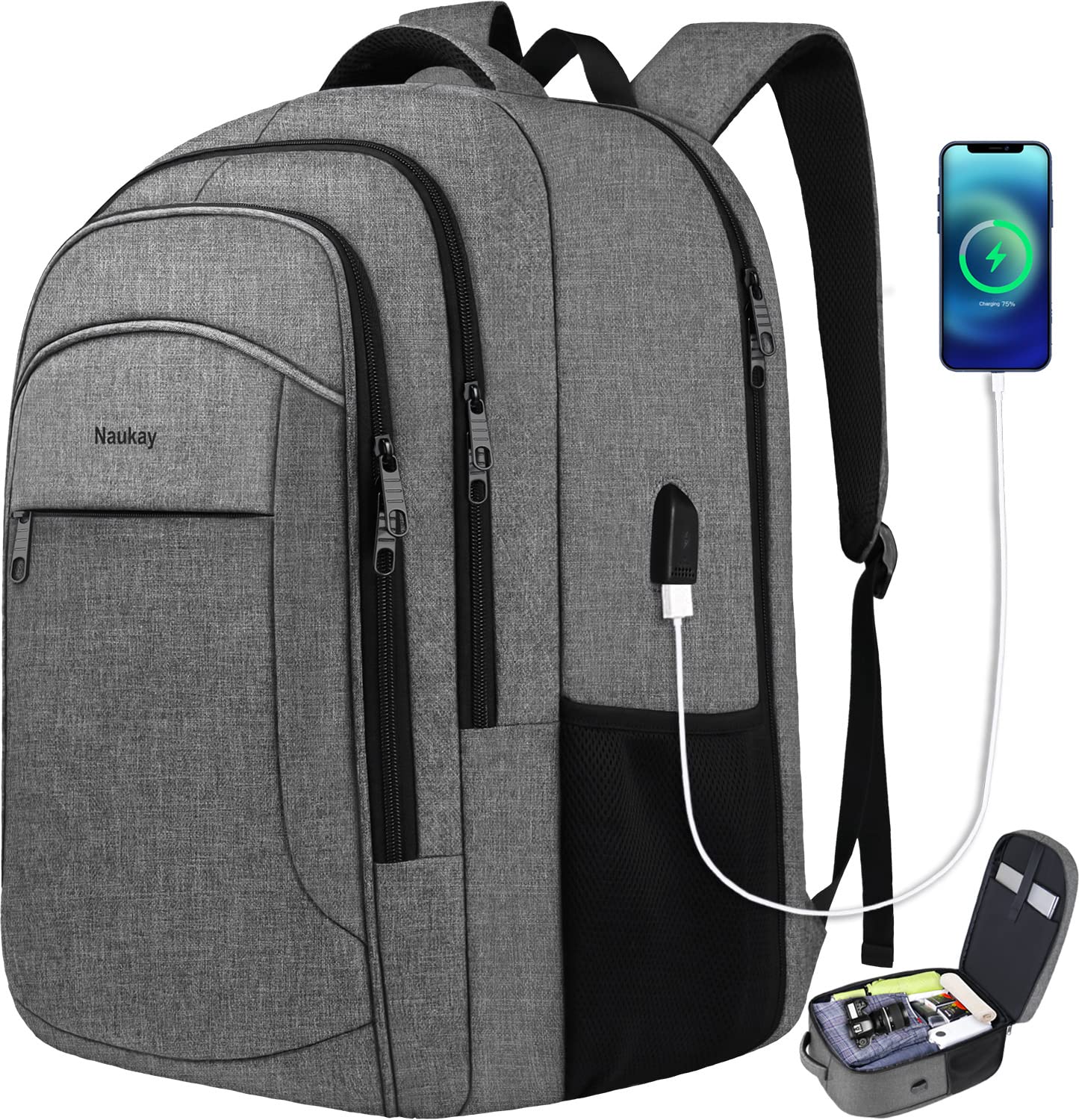 NAUKAY 17.3 Inch Large Travel Laptop Backpack for Women & Men - TSA Approved Carry On Backpack with USB Charging Port & Water Resistant Design - Perfect for Business Trips, Air Travel & Daily Commute (Grey)