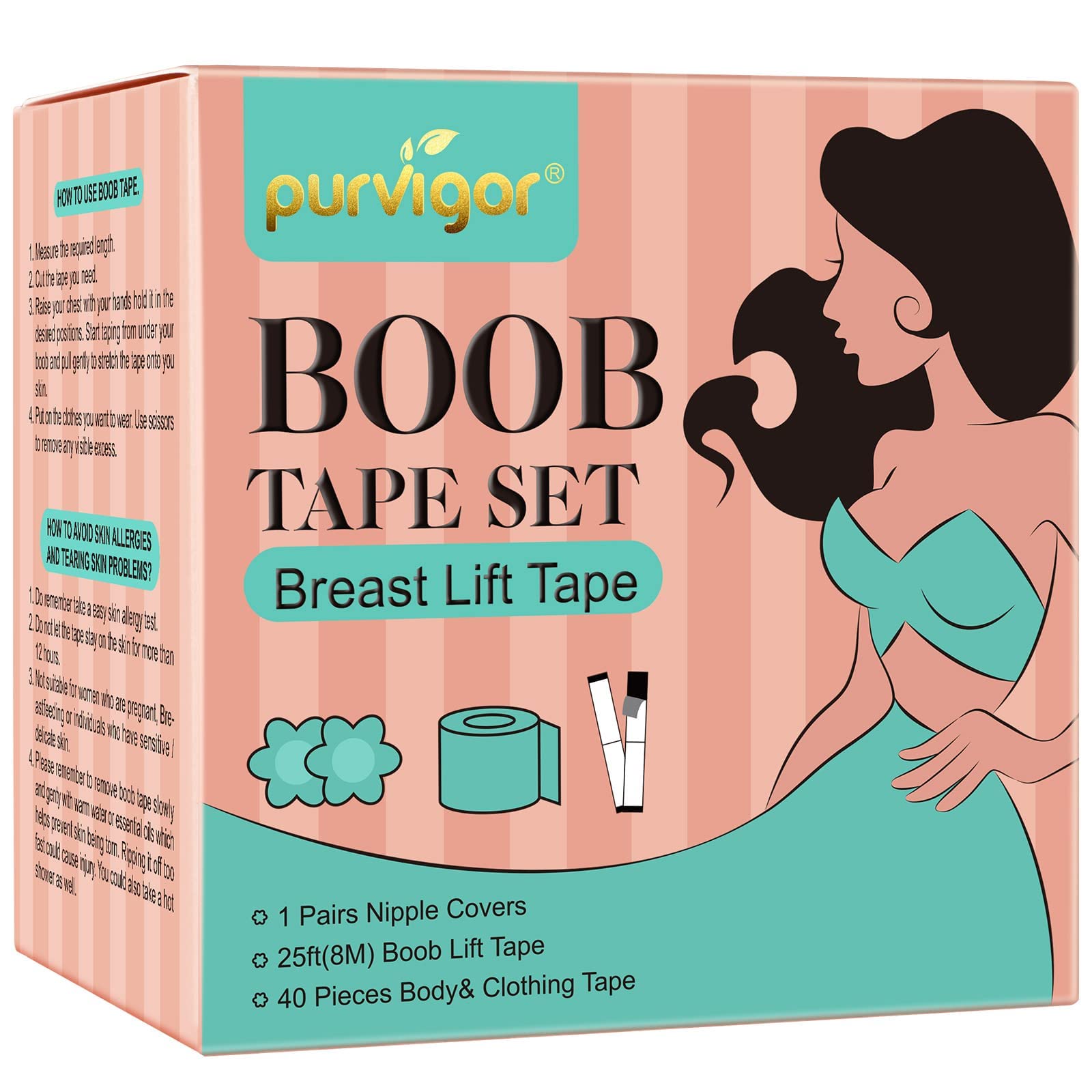 Boob Tape Breast Lift Tape - Adhesive Bra for A-E Cup with 1 Pair Reusable Silicone Nipple Covers & 40Pcs Clothing/Body Tape - Perfect for Backless Dresses, Swimwear & Special Occasions
