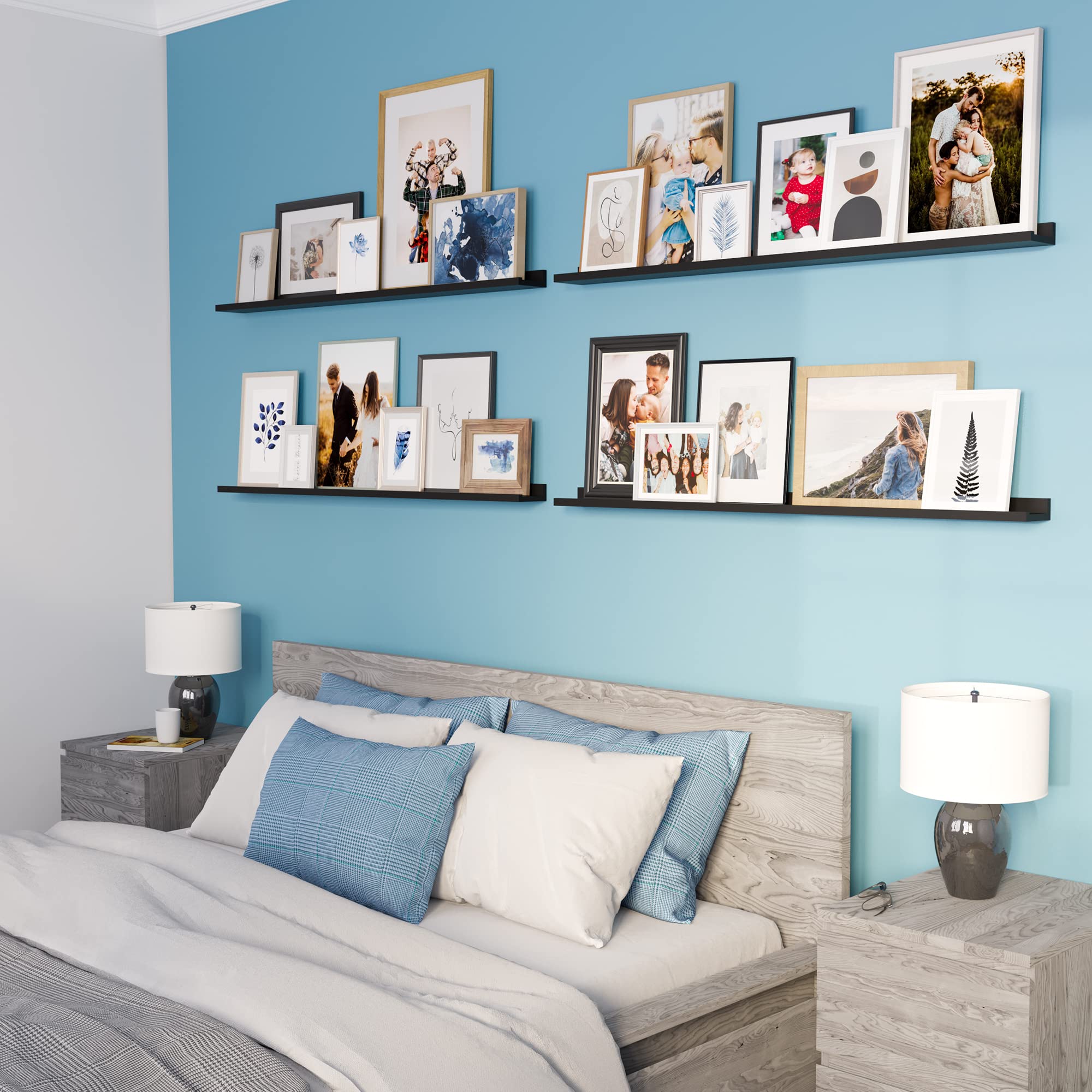 Wallniture Denver 46-Inch Floating Wall Shelves Set of 4 - Black Picture Ledge Shelf for Picture Frames, Home Decor & Display - Perfect for Living Room, Bedroom & Office Organization