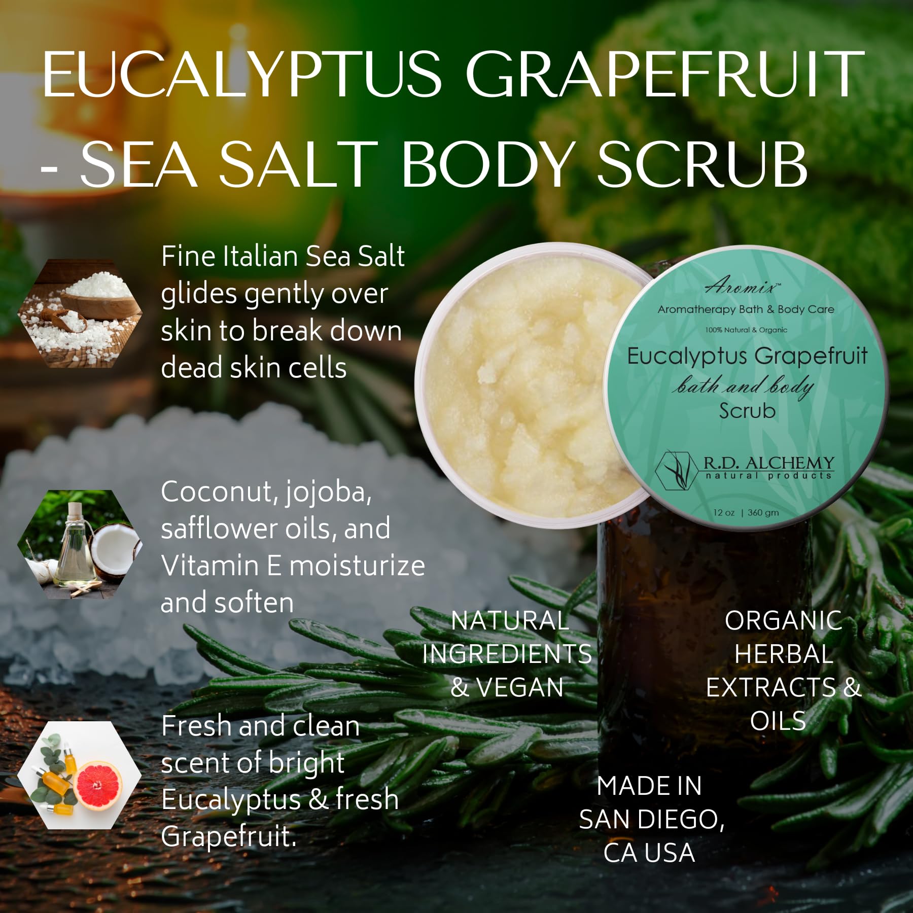 RD Alchemy - 100% Natural & Organic Eucalyptus Grapefruit Sea Salt Body Scrub - Exfoliating, Moisturizing & Renewing Skin Care for Dry Skin - Perfect for Spa Day, Self Care & Relaxation at Home
