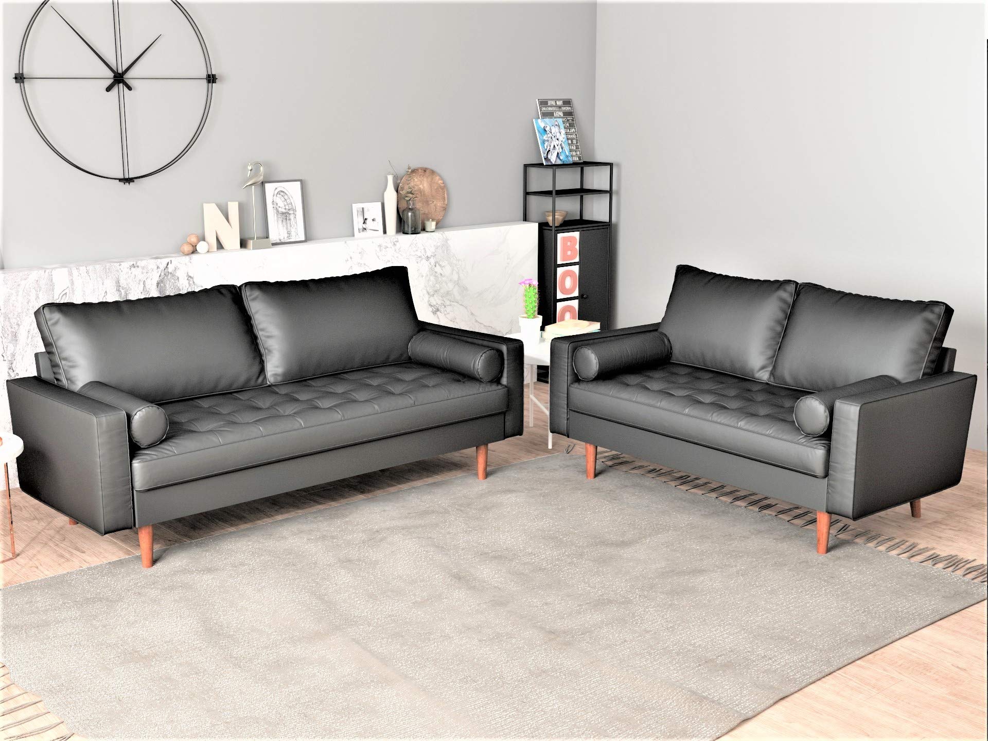Mid Century Modern Loveseat Sofa - PU Leather Upholstered Tufted Couch with Bolster Pillows | Retro Design for Living Room, Bedroom & Office | Comfortable Small Space Furniture (Black)