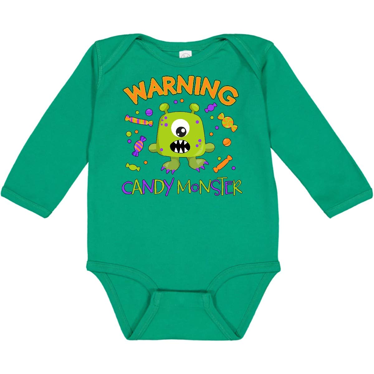 Inktastic Warning Candy Monster with Candy Cute Green Long Sleeve Baby Bodysuit - Perfect for Halloween Costumes, Themed Parties & Funny Photo Shoots