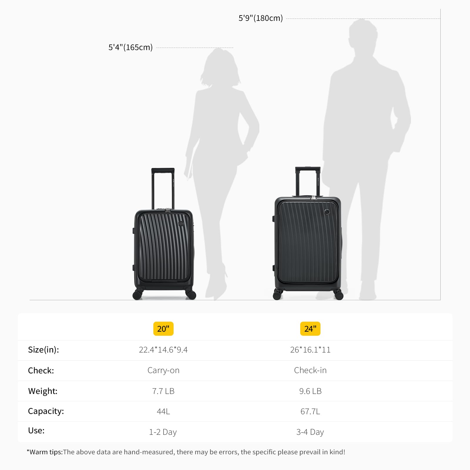 OIWAS 20 Inch Carry On Luggage - Airline Approved Hardshell Suitcase with Front Pocket, Phone Holder & Cup Holder | TSA Lock, USB Charging Port & Smooth Brake Wheels | Perfect for Business Travel & Weekend Getaways (Black)