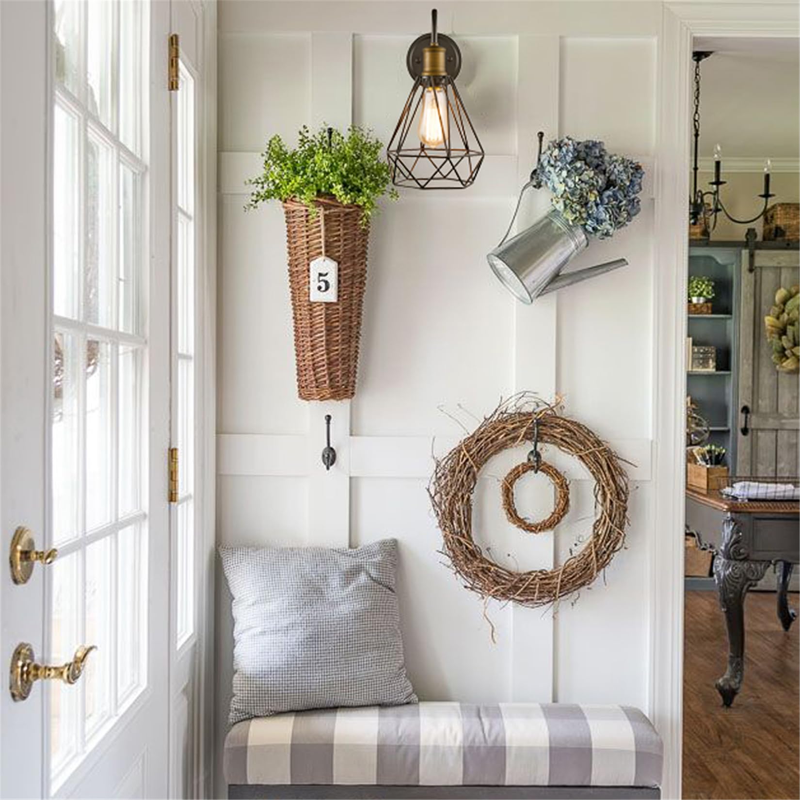 DAYCENT Set of 2 Industrial Wall Sconces - Oil Rubbed Bronze Gooseneck Farmhouse Lighting with On/Off Switch & Polygon Cage Design - Perfect for Bedroom, Living Room, Hallway & Entryway Lighting