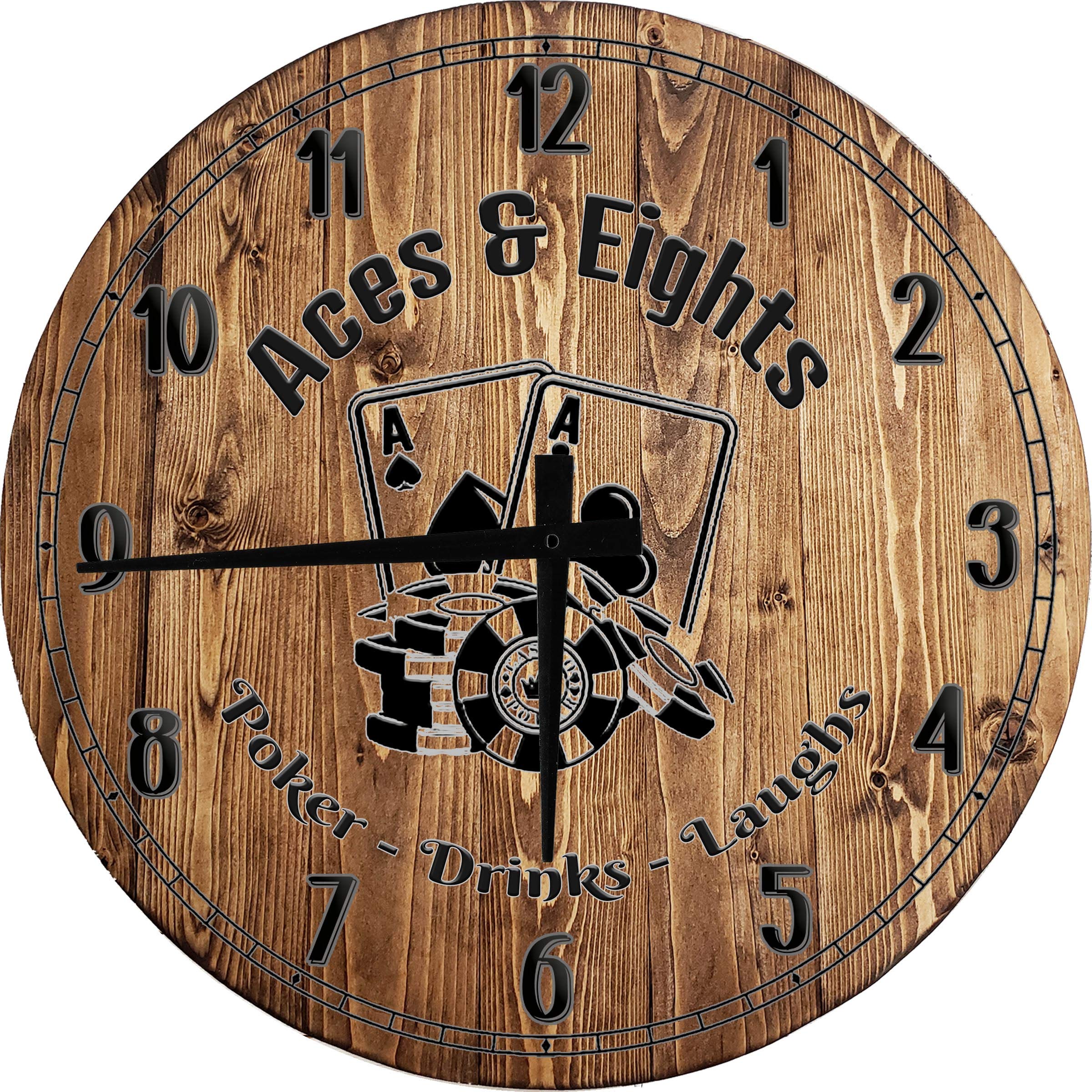 Aces & Eights Poker Themed 12 Inch Round Wood Wall Clock - Vintage Casino Decor for Game Room, Man Cave, or Bar Wall Art - Perfect for Poker Nights and Western Style Home Decor