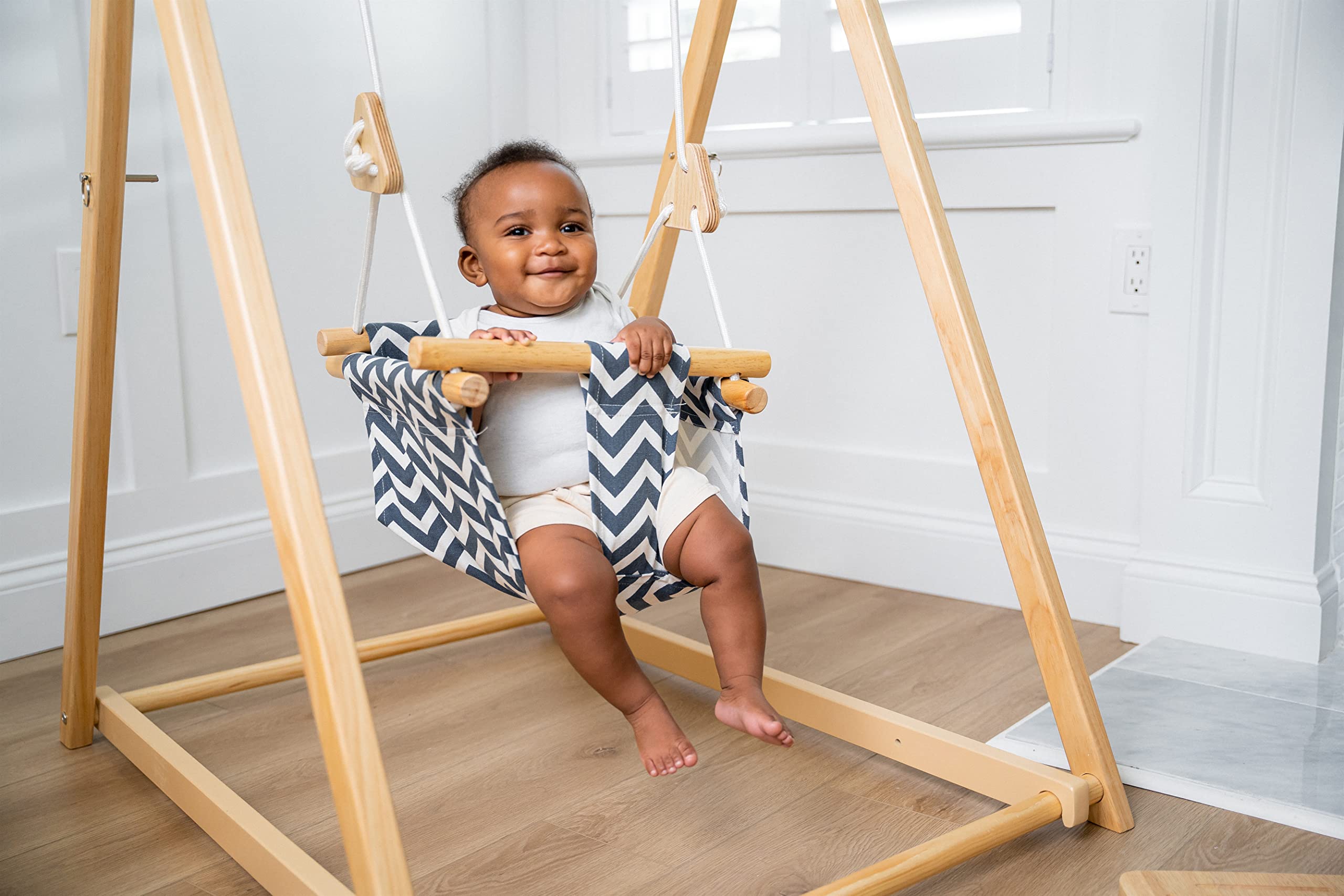Avenlur Spruce Baby Swing with Stand - Foldable Toddler Swing with Safety Belt & Soft Pillow - Indoor/Outdoor Free Standing Swing for Kids 6 Months to 3 Years - Montessori Waldorf Style Swing for Playroom, Backyard & Nursery