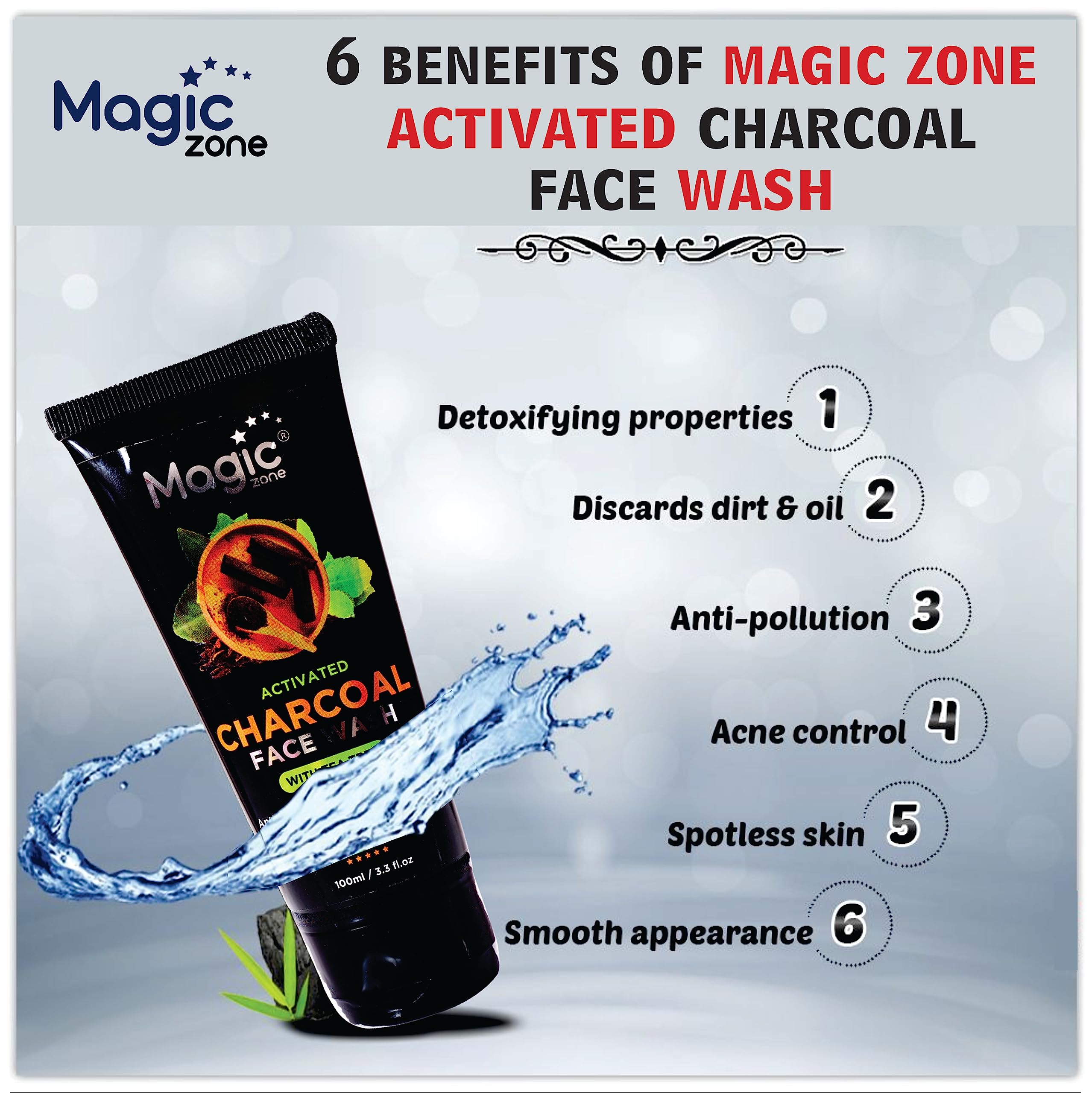 Magic Zone Activated Charcoal Face Wash 100ml - Deep Cleansing for Oily Skin, Reduces Pimples & Blackheads, Removes Dead Skin Cells, Cooling Freshness with Charcoal Beads for Instant Radiance | Perfect for Daily Skincare & Acne Treatment