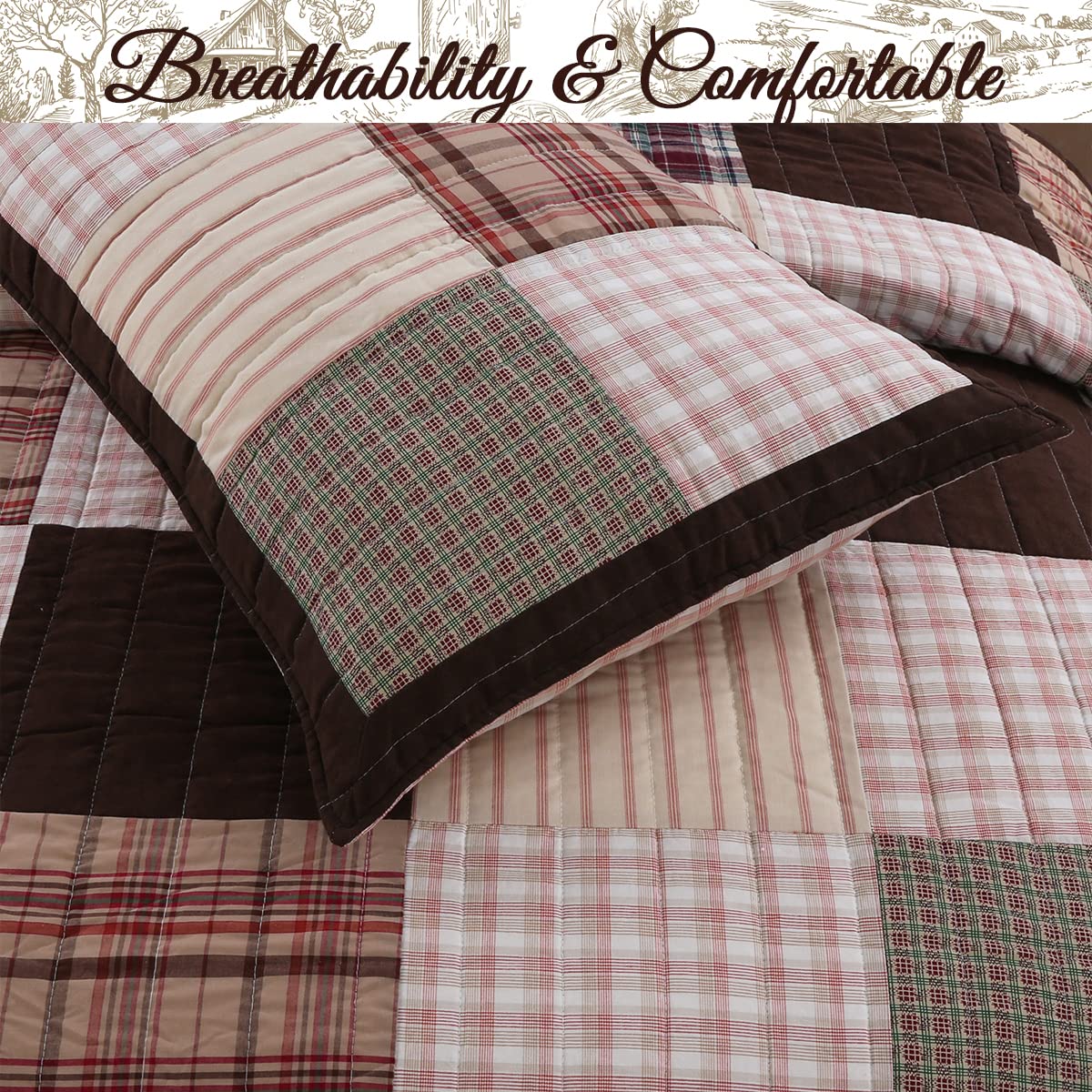 Brody Farmhouse Chocolate Plaid Reversible Quilt Set - 3 Piece King Size Brown Grid Bedspread | Cozy Patchwork Coverlet for Farmhouse & Rustic Bedroom Decor | Perfect for Master Bedrooms, Guest Rooms & Cozy Winter Nights