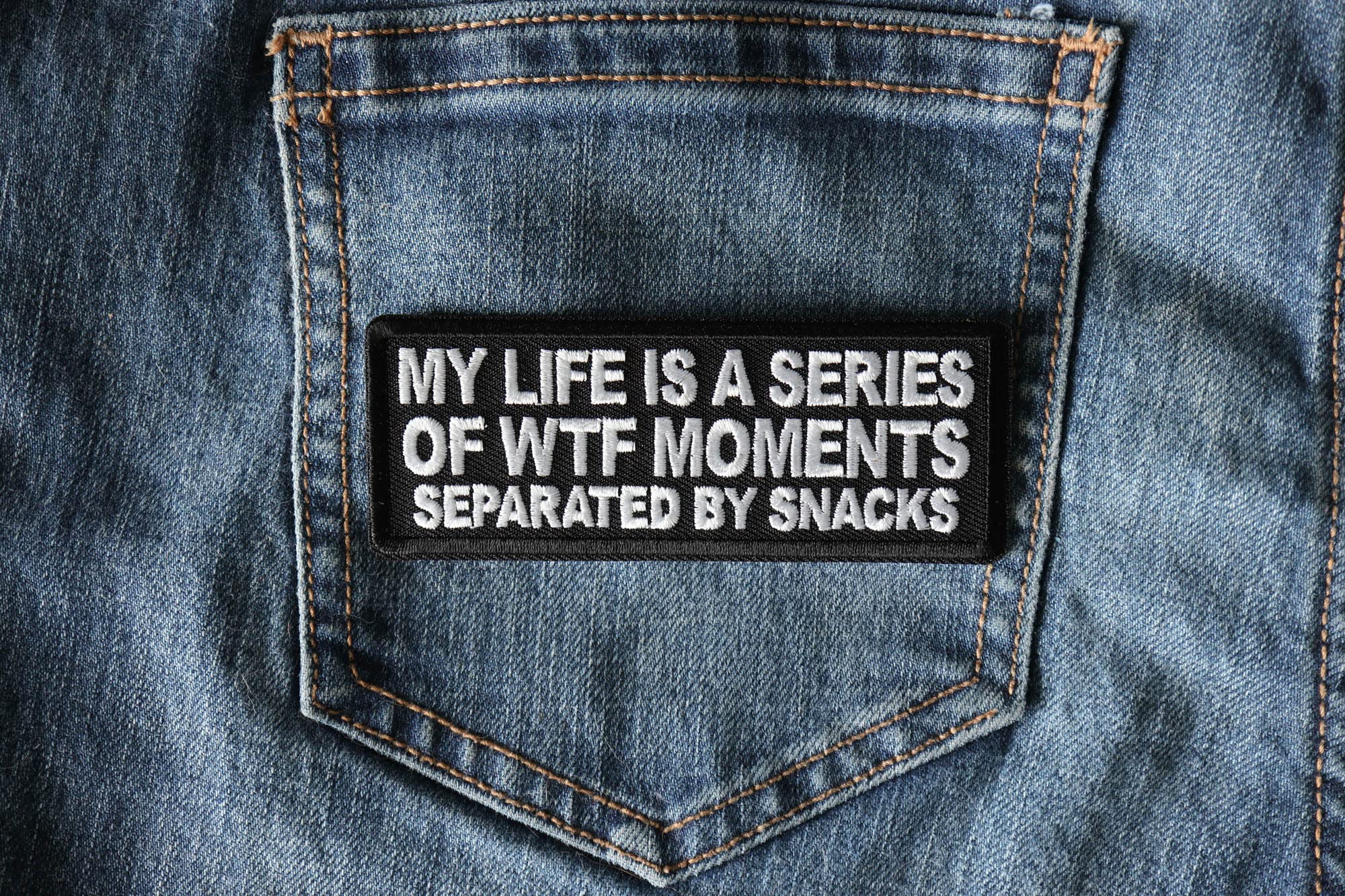 Funny Embroidered Iron-On Patch - 4x1.5 Inch 'My Life is a Series of WTF Moments Separated by Snacks' - Perfect for Jackets, Backpacks & DIY Crafts