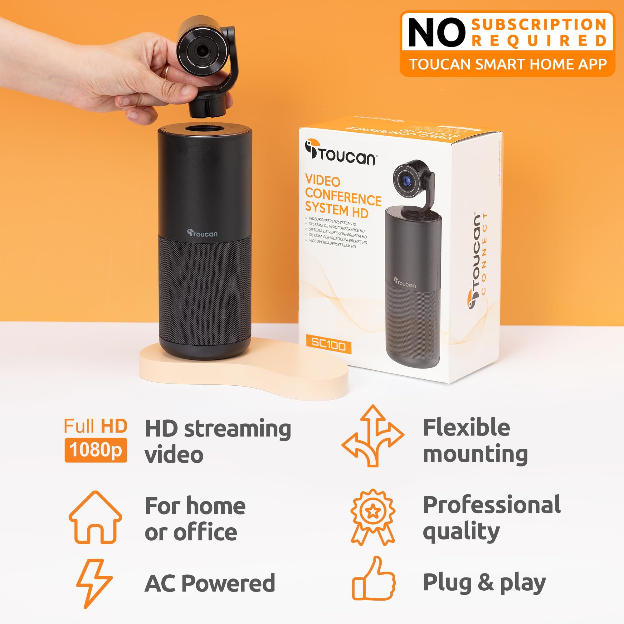 TOUCAN Connect HD Video Conference System - 1440P FHD Webcam with 5W Speaker & 4 Noise Cancelling Mics for PC - USB Web Camera with Microphone (1 Pack) - Perfect for Zoom Meetings, Remote Work & Online Classes