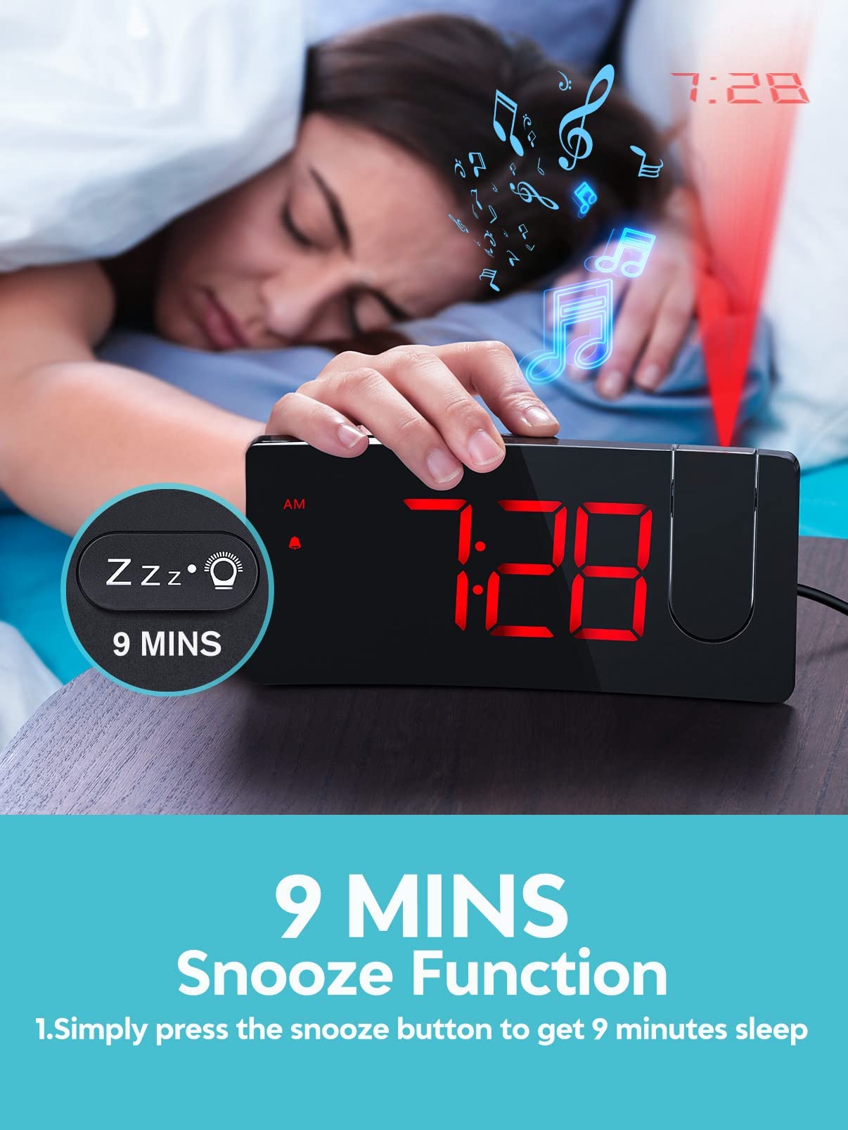 Smart Projection Alarm Clock with USB Charging Port - 5'' LED Curved Screen, 180° Rotation, 4 Dimmer Modes, Snooze Function - Perfect for Bedroom, Desk Decor & Teen Rooms (12/24H Digital Display)