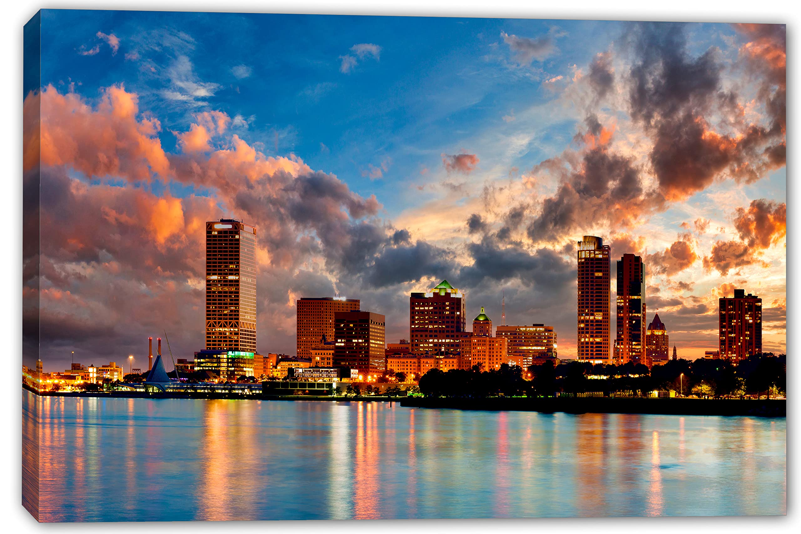 36x24 Milwaukee Skyline Canvas Print - Wisconsin Cityscape Wall Art Decor for Living Room, Office & Bedroom