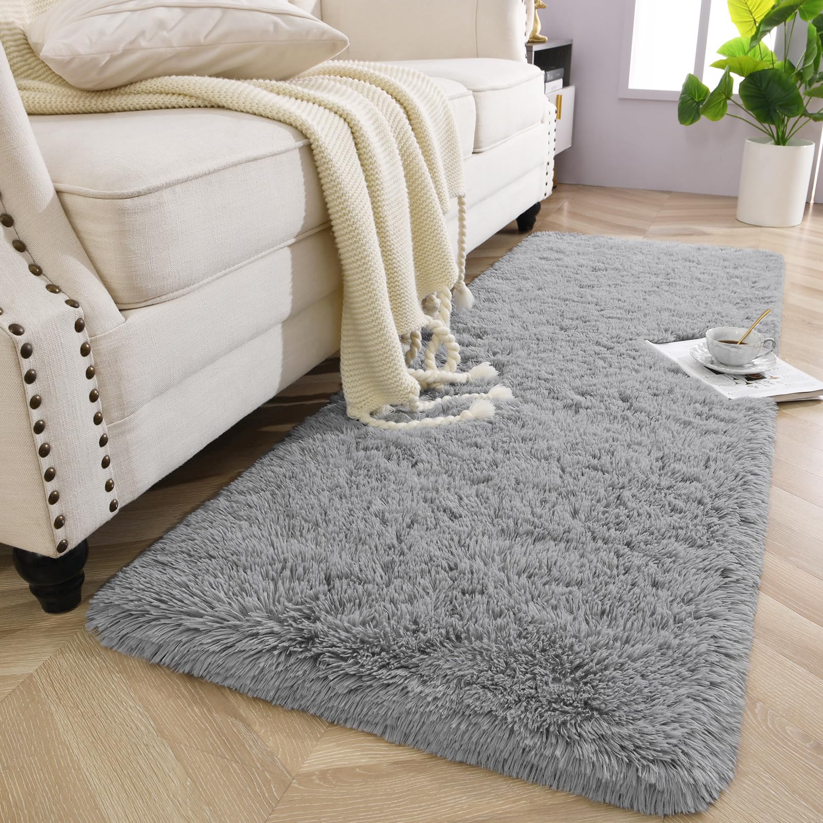 Kimicole Grey Area Rug 2x6 Feet - Modern Fluffy Shaggy Rug for Bedroom & Living Room - Soft Plush Carpet for Home Decor, Kids Play Area, Nursery & Office