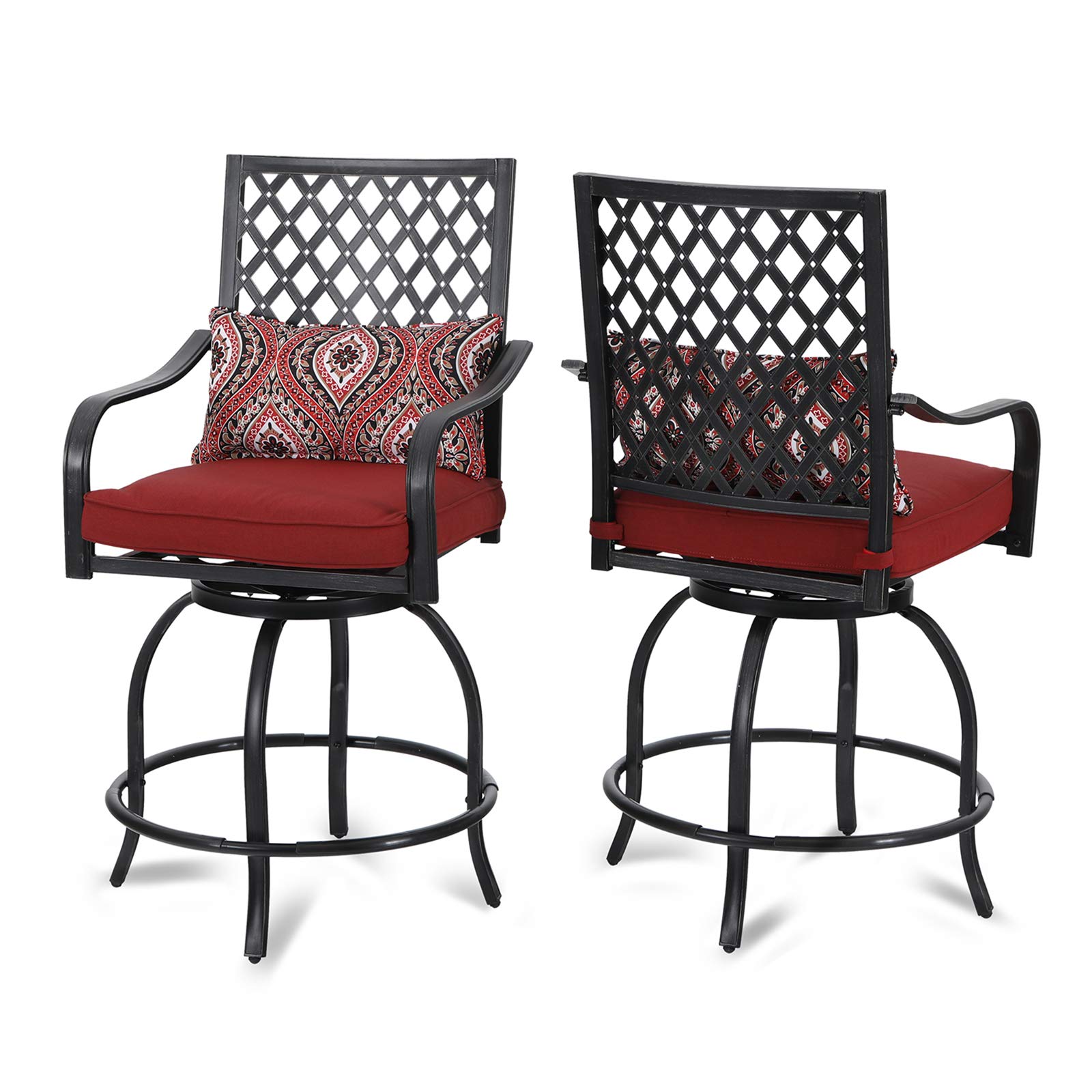 PHI VILLA 2-Piece Outdoor Swivel Bar Stool Set - All-Weather Metal Bar Height Patio Chairs with Armrests & Cushions - Perfect for Backyard, Garden, Poolside & Outdoor Dining Areas - Red
