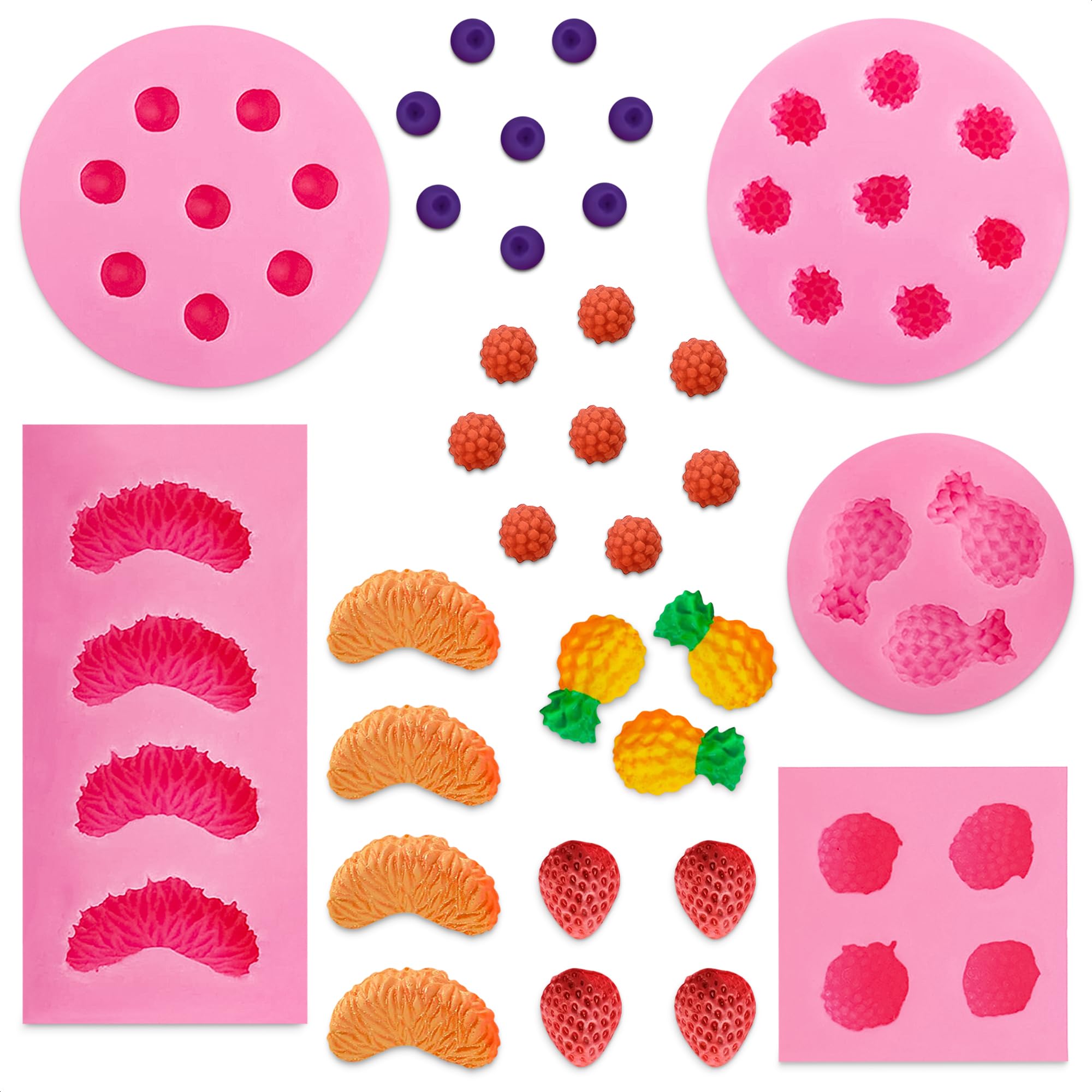 5Pcs Silicone Fruit Snack Molds Set - 3D Pineapple, Strawberry, Orange & Blueberry Shaped Candy Molds for DIY Gummy, Jelly, Chocolate Making - BPA Free Baking Tools for Kids Party, Home Kitchen Decor