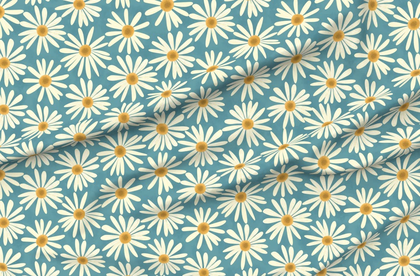 Spring Daisy Cream Blue Yellow Modern Floral Print Denim Fabric by The Yard - Botanical Garden Ivory Pattern for Apparel, Home Decor & Upholstery | Perfect for DIY Dresses, Curtains & Throw Pillows
