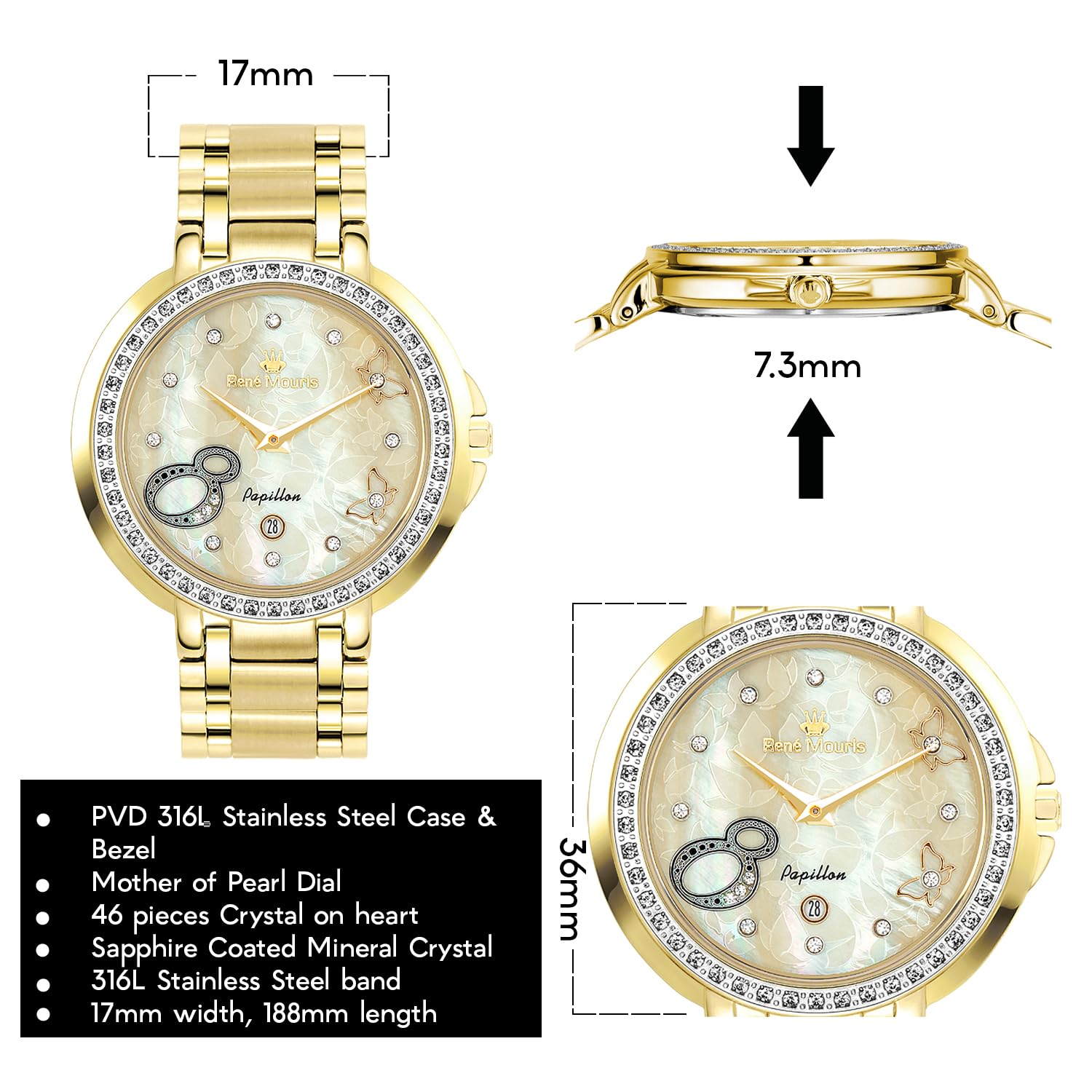 René Mouris Papillon Women's Luxury Watch - 36mm 316L Stainless Steel Case, Sapphire Coated Crystal, 50M Waterproof - Elegant Dress Watch for Business, Parties & Special Occasions