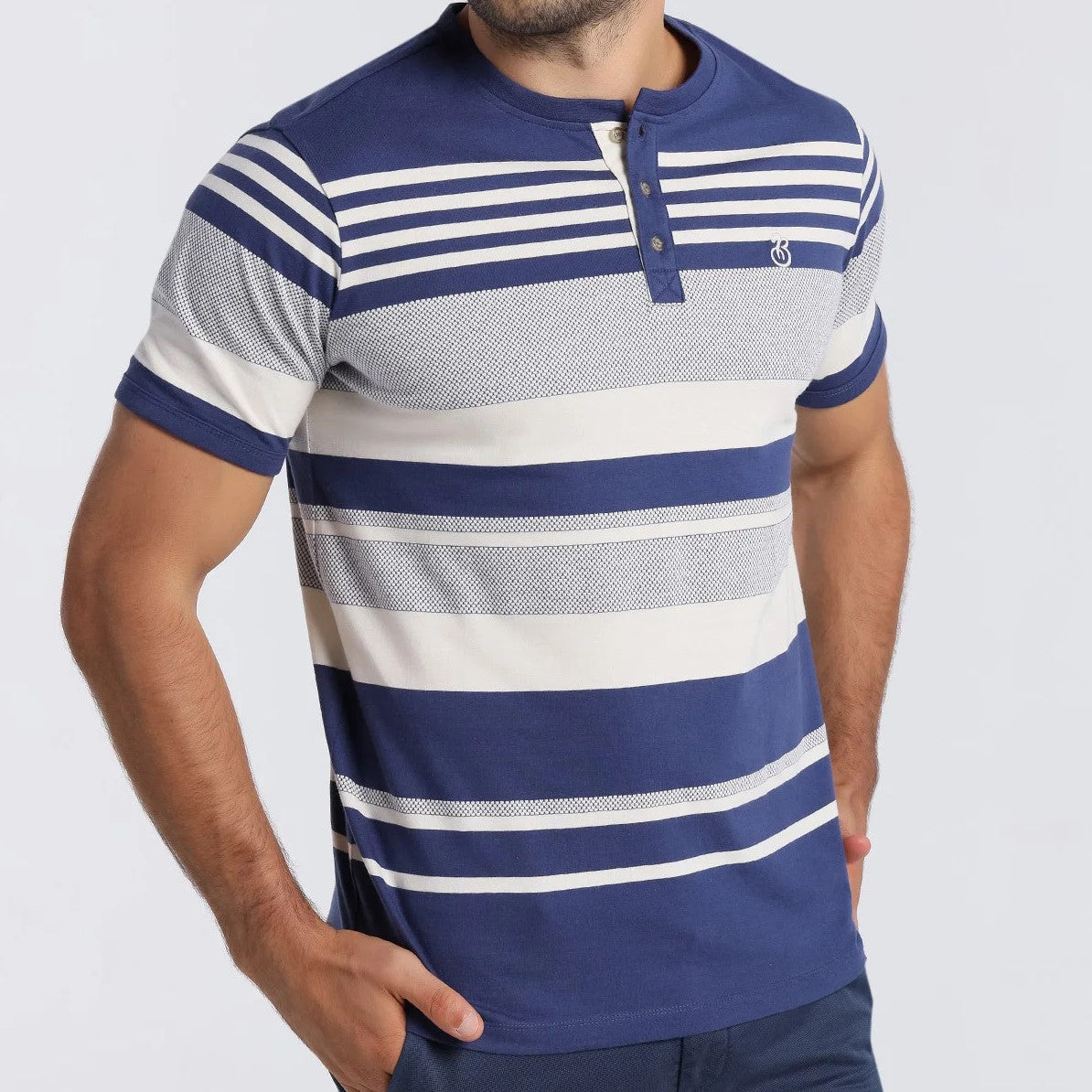 Bendorff Men's Striped Cotton Henley T-Shirt - Soft Casual Short Sleeve Button-Up Shirt for Everyday Wear, Outdoors & Layering - Blue
